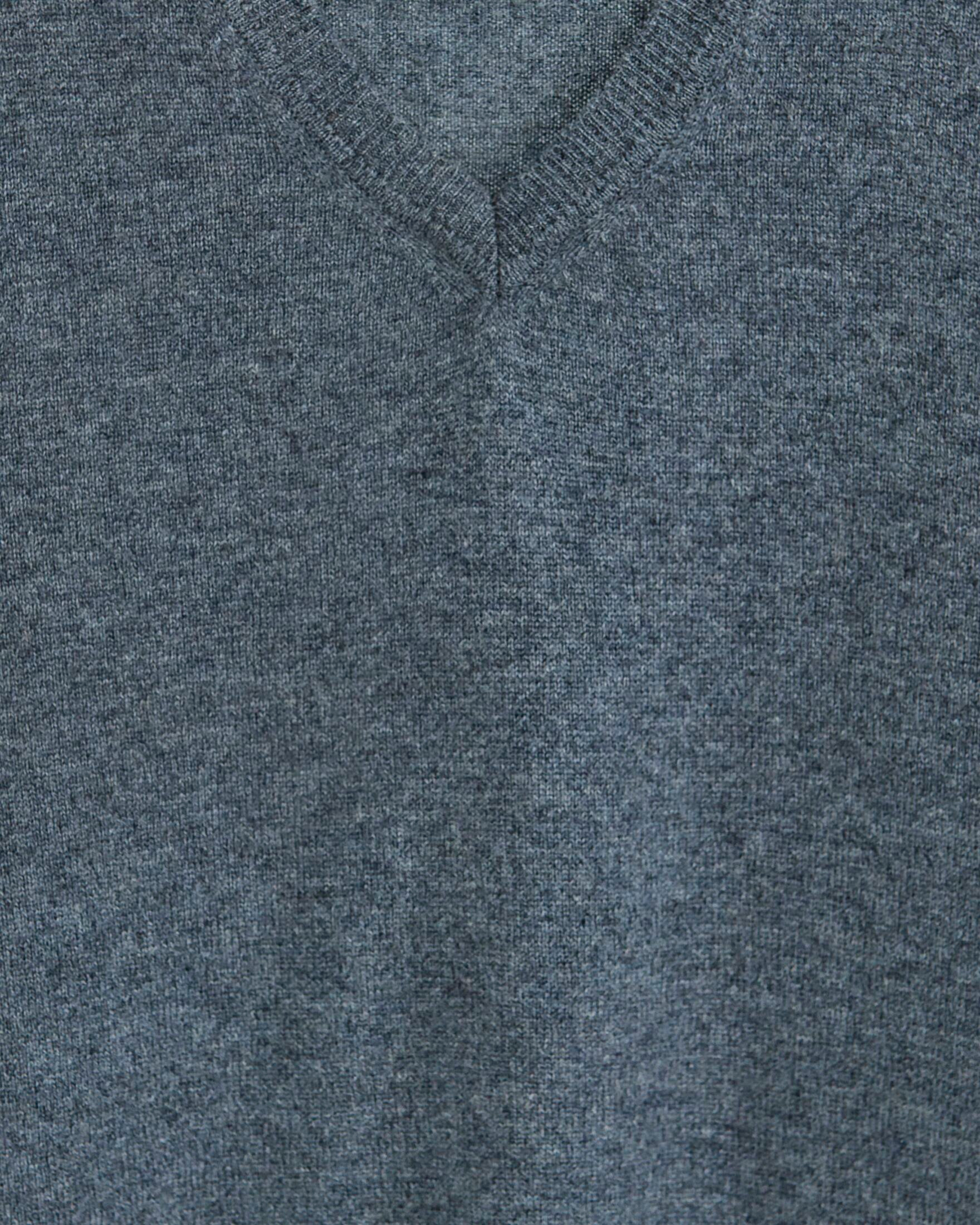 Close up of a grey cashmere classic v-neck sweater