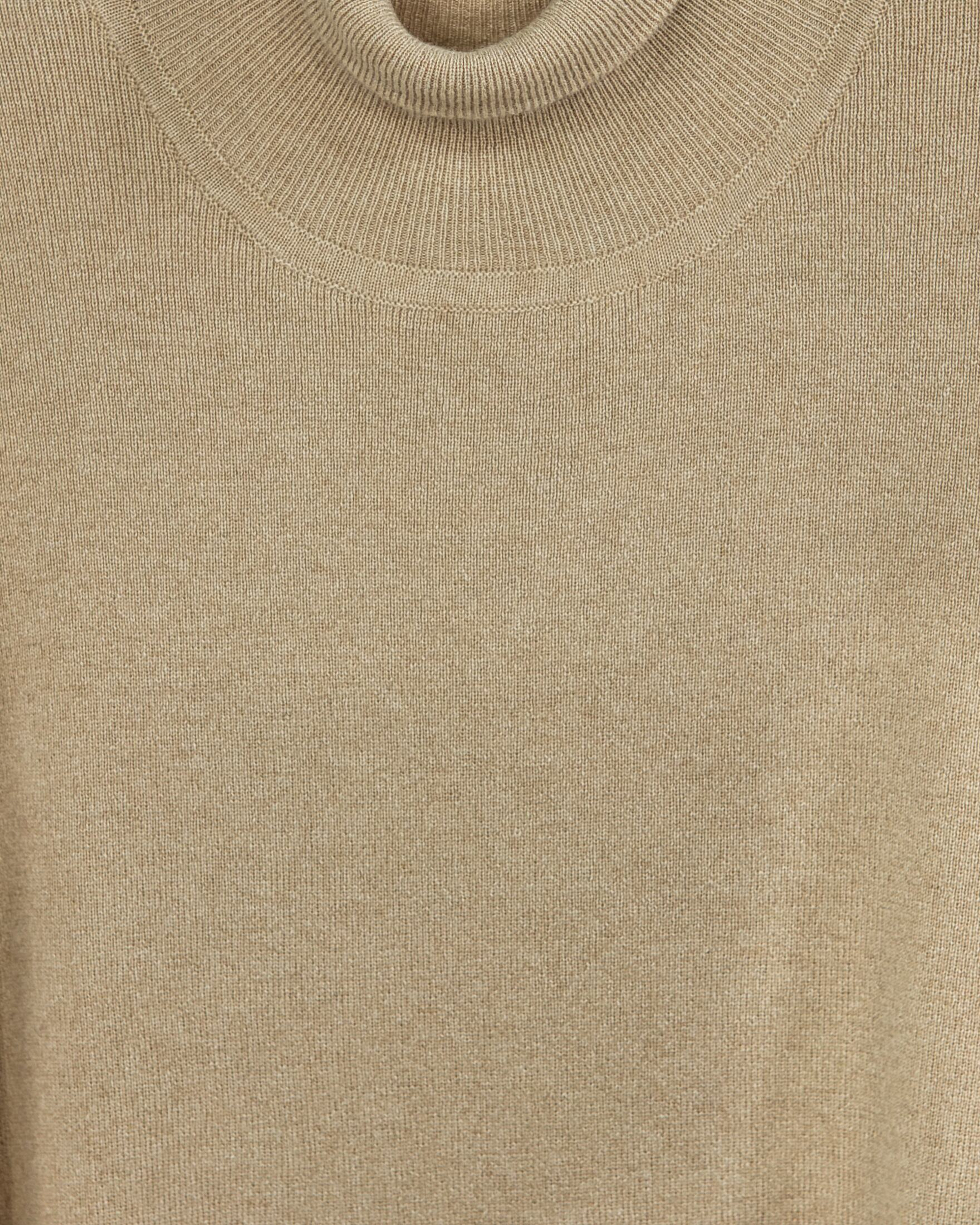 Close up of natural beige high neck cashmere midi dress