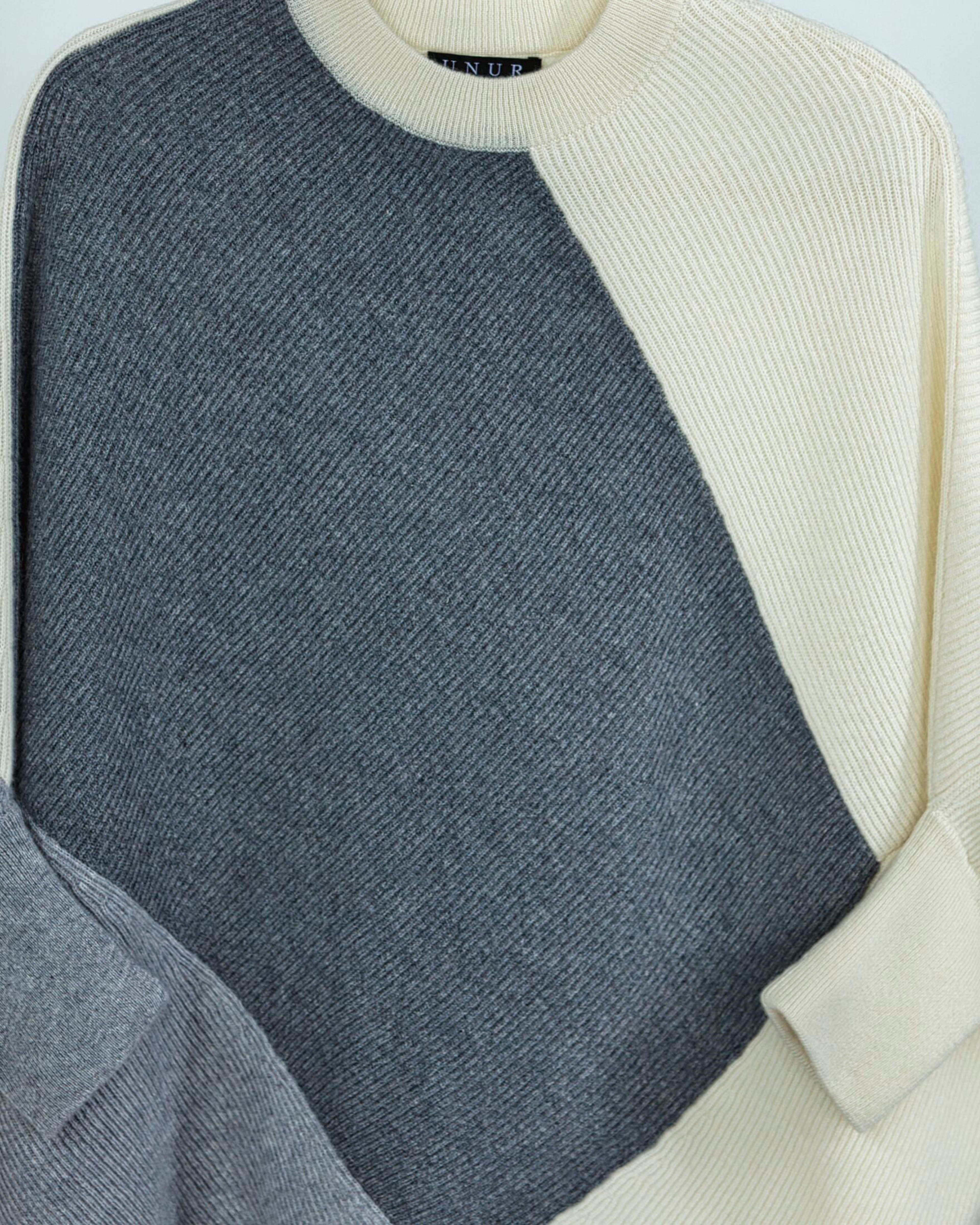 Close up of two-tone grey ribbed cashmere knit