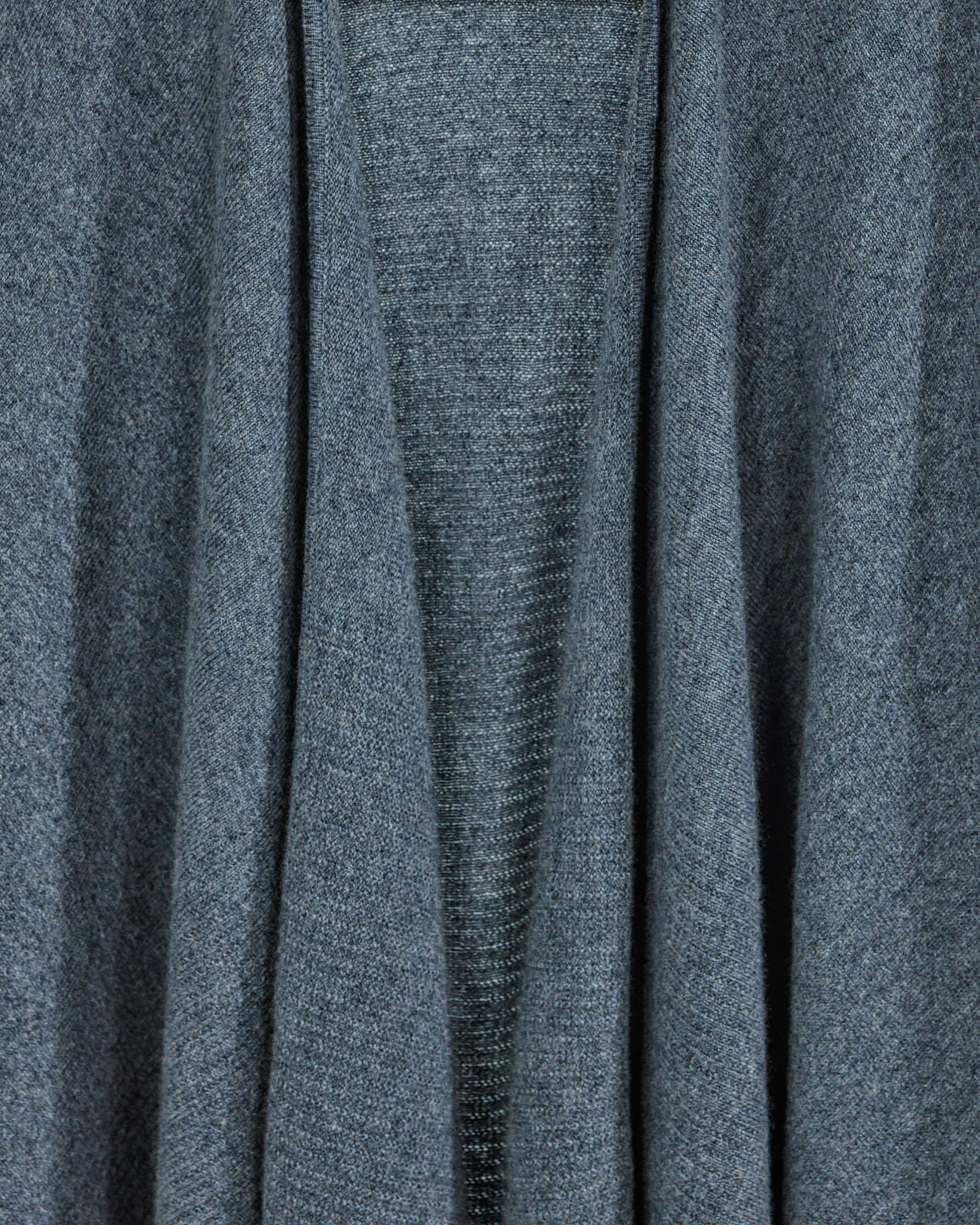 Close up of dark grey cashmere poncho with ruched sleeves