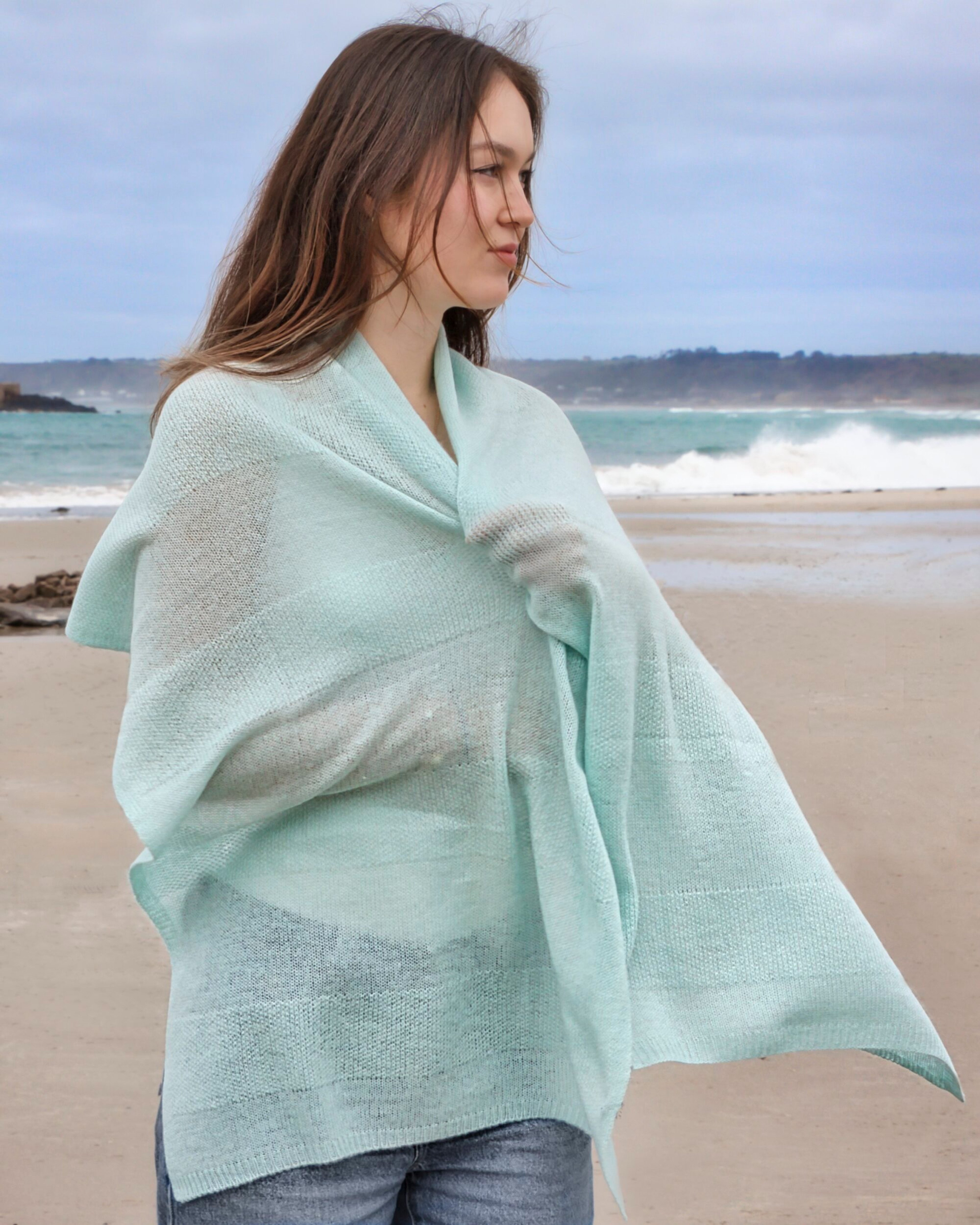 Front view of soft cashmere shawl in mint green