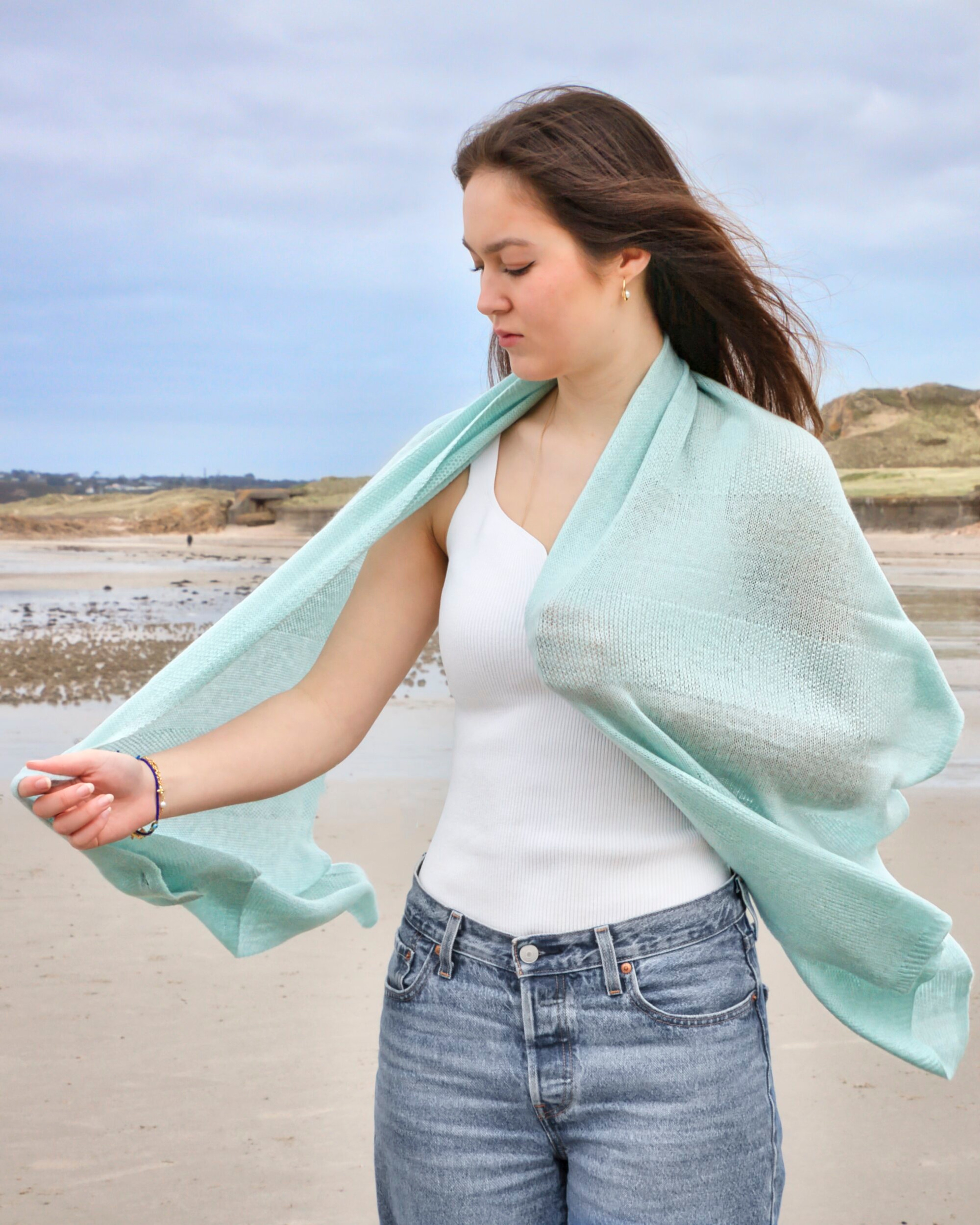 Front view of soft cashmere shawl in mint green