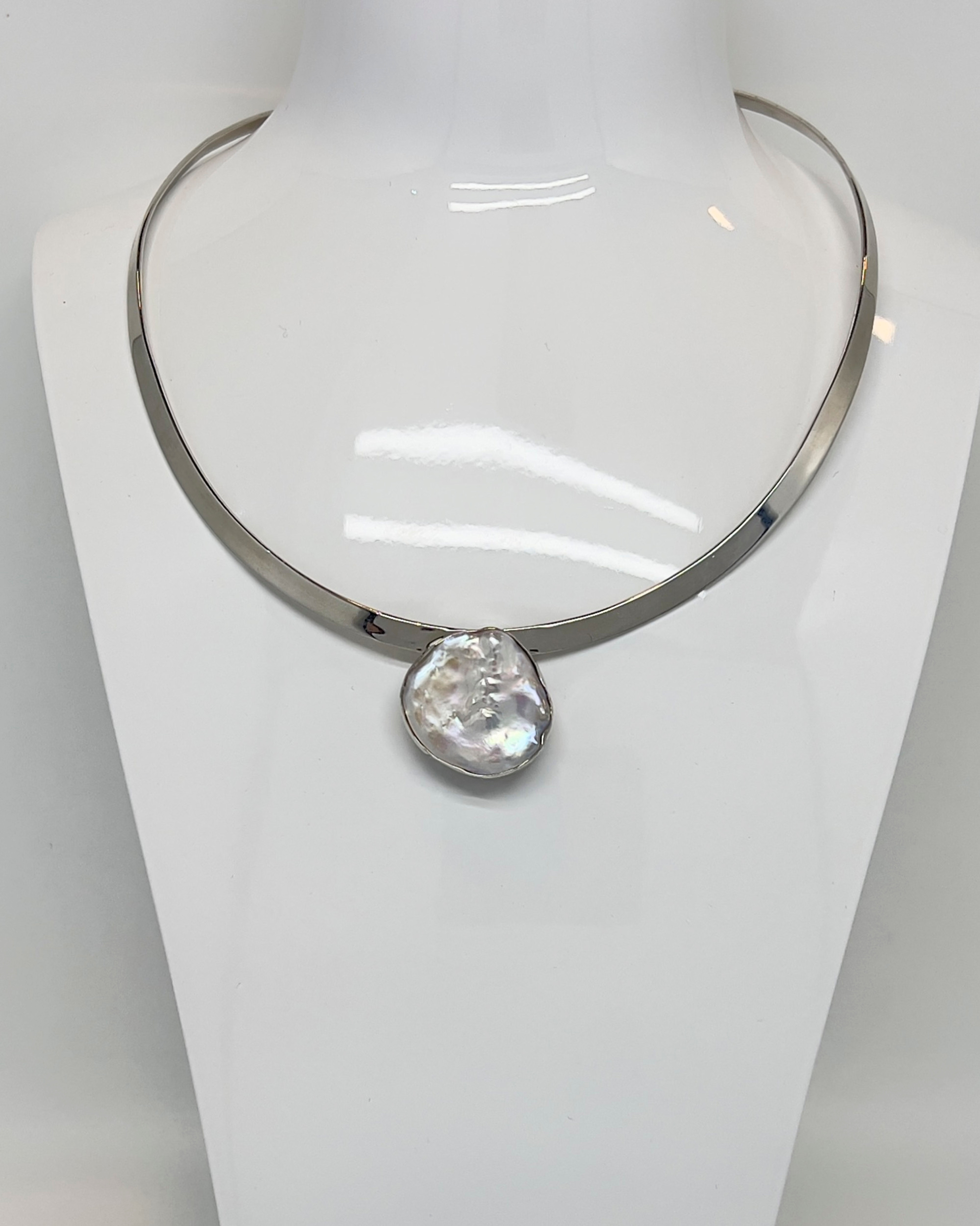 Signature keshi pearl on silver collar statement necklace