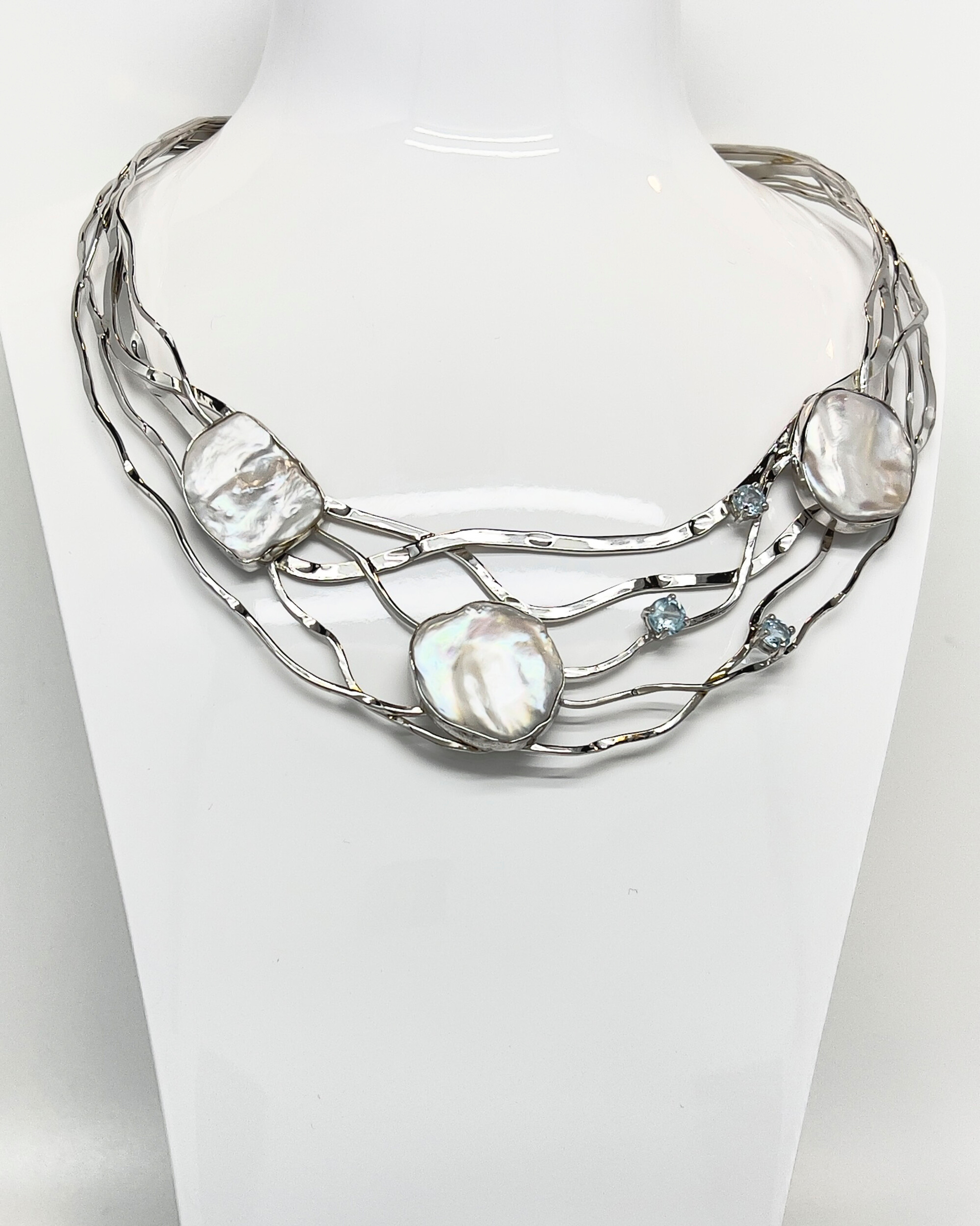Signature Keshi Pearl and Topaz Silver Lattice Torque Collar Necklace