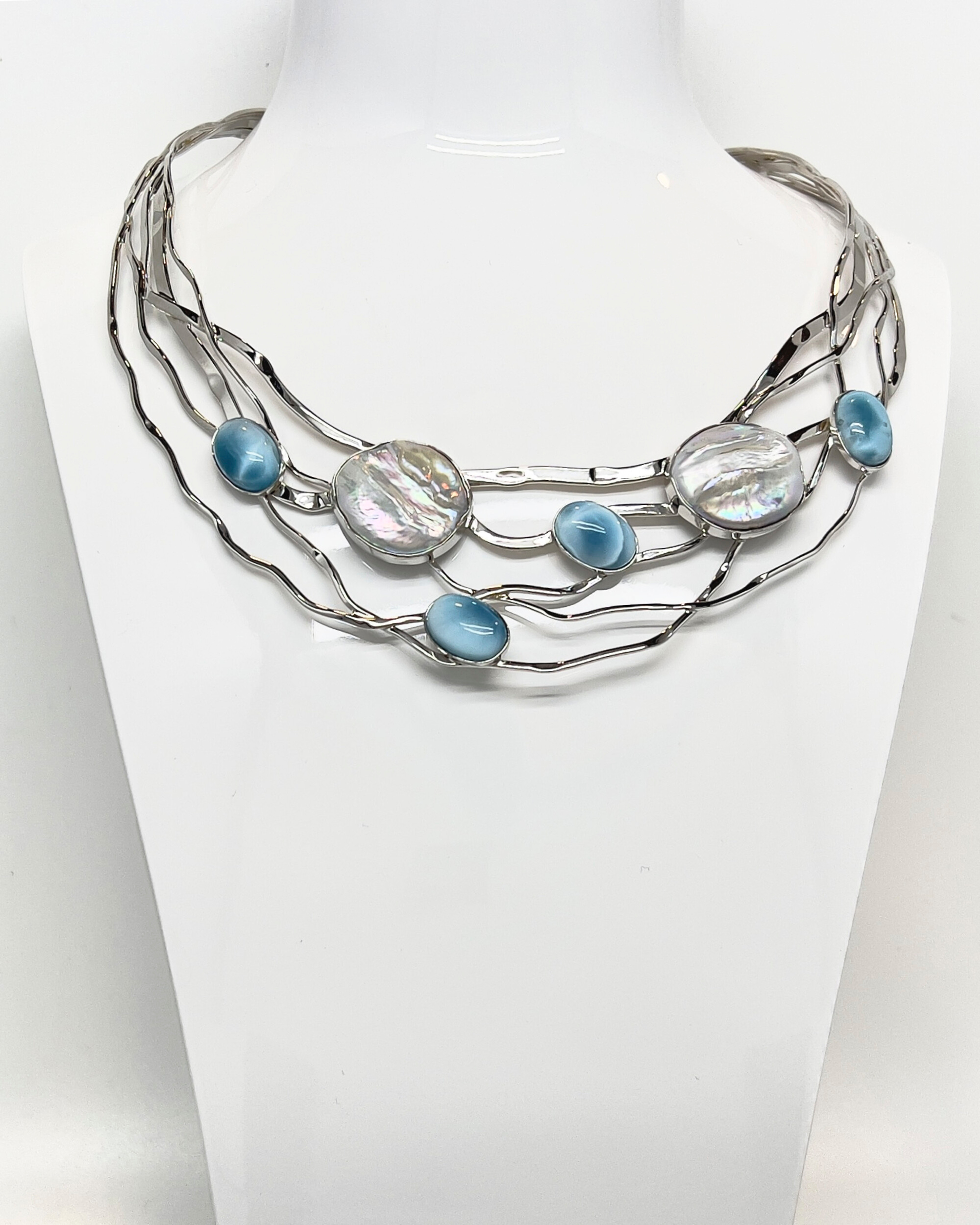Signature keshi pearl statement collar necklace with larimar silver lattice