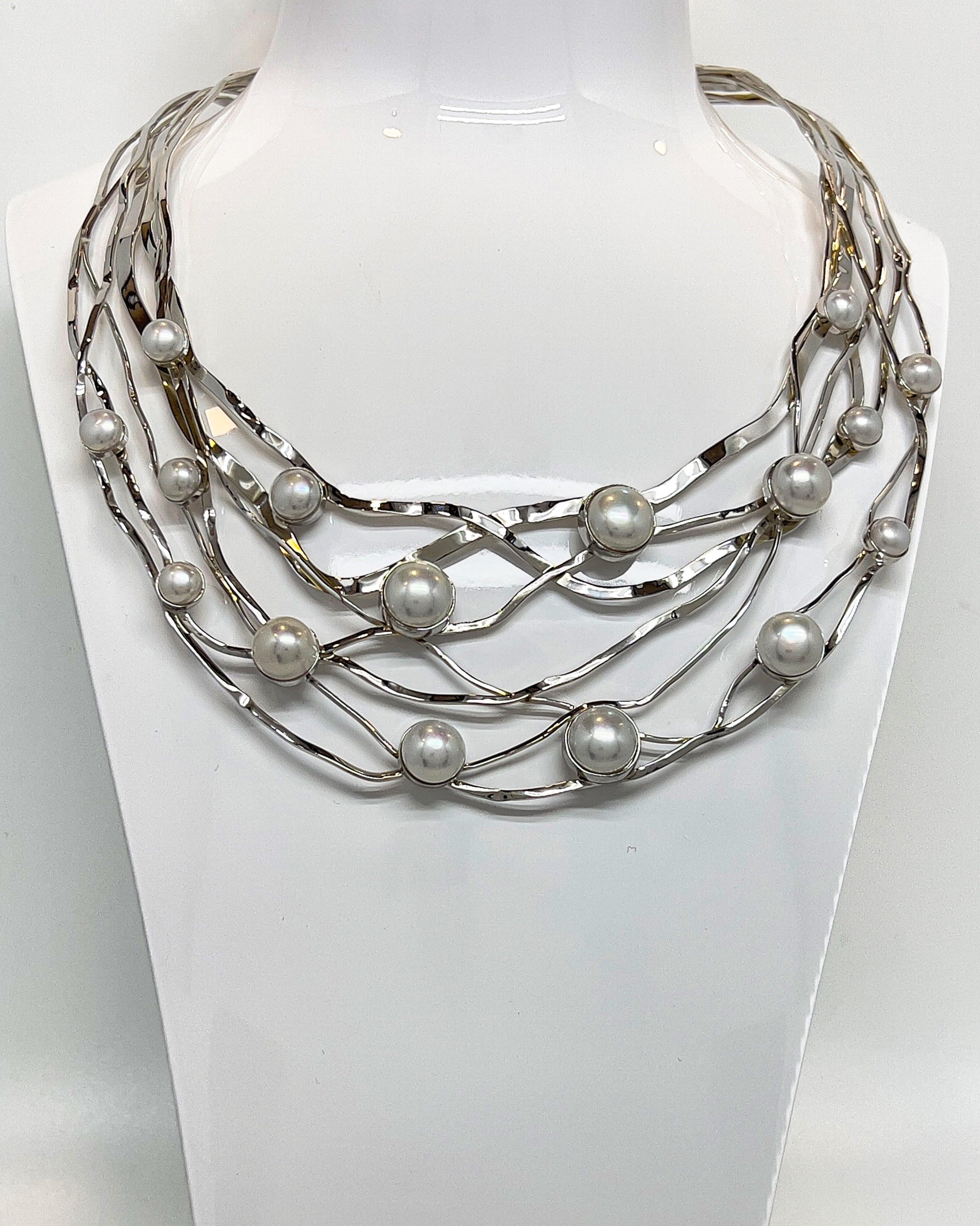 Signature silver torque collar necklace with sixteen freshwater pearls