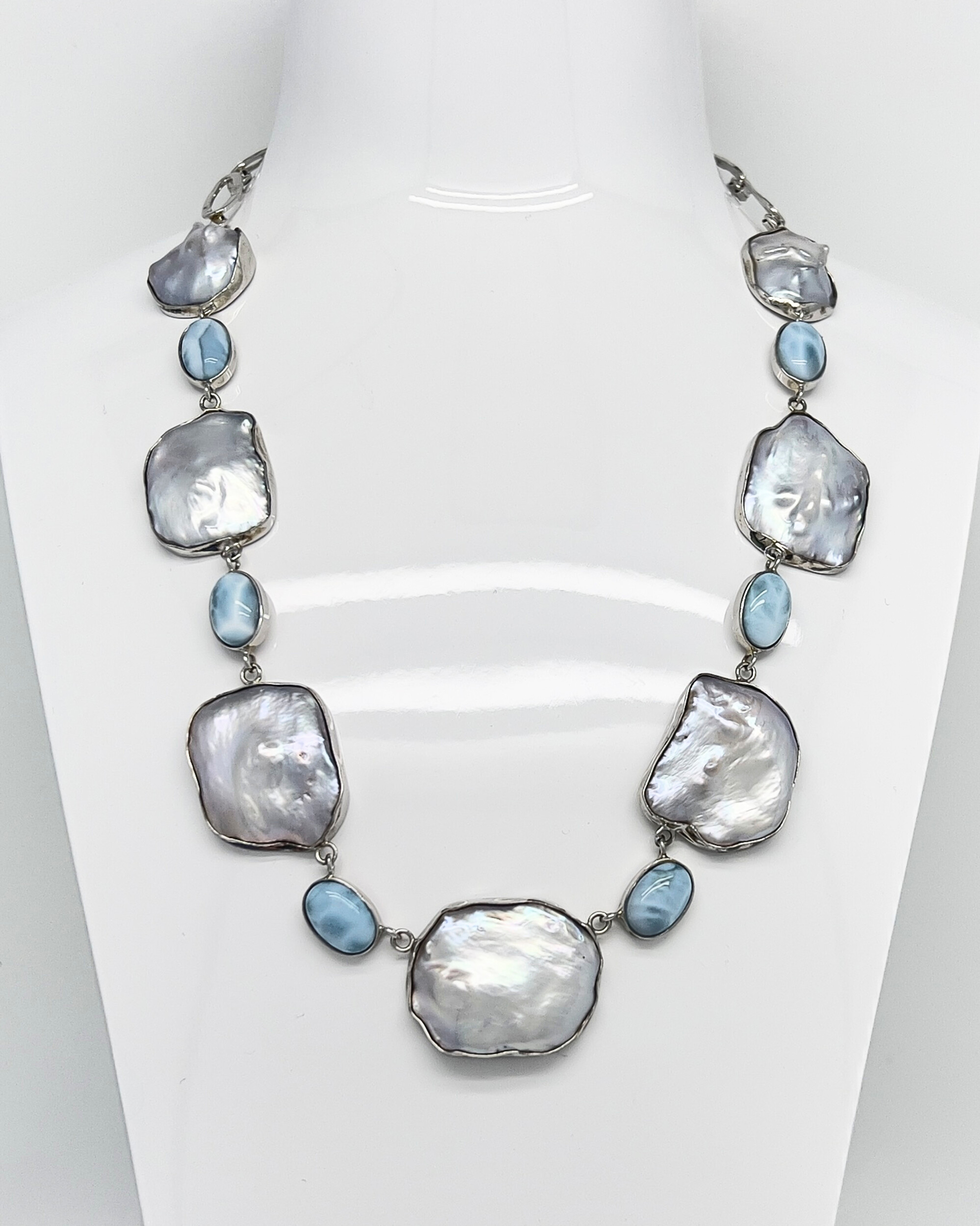 Keshi pearl and Larimar statement chain necklace in rhodium-plated sterling silver
