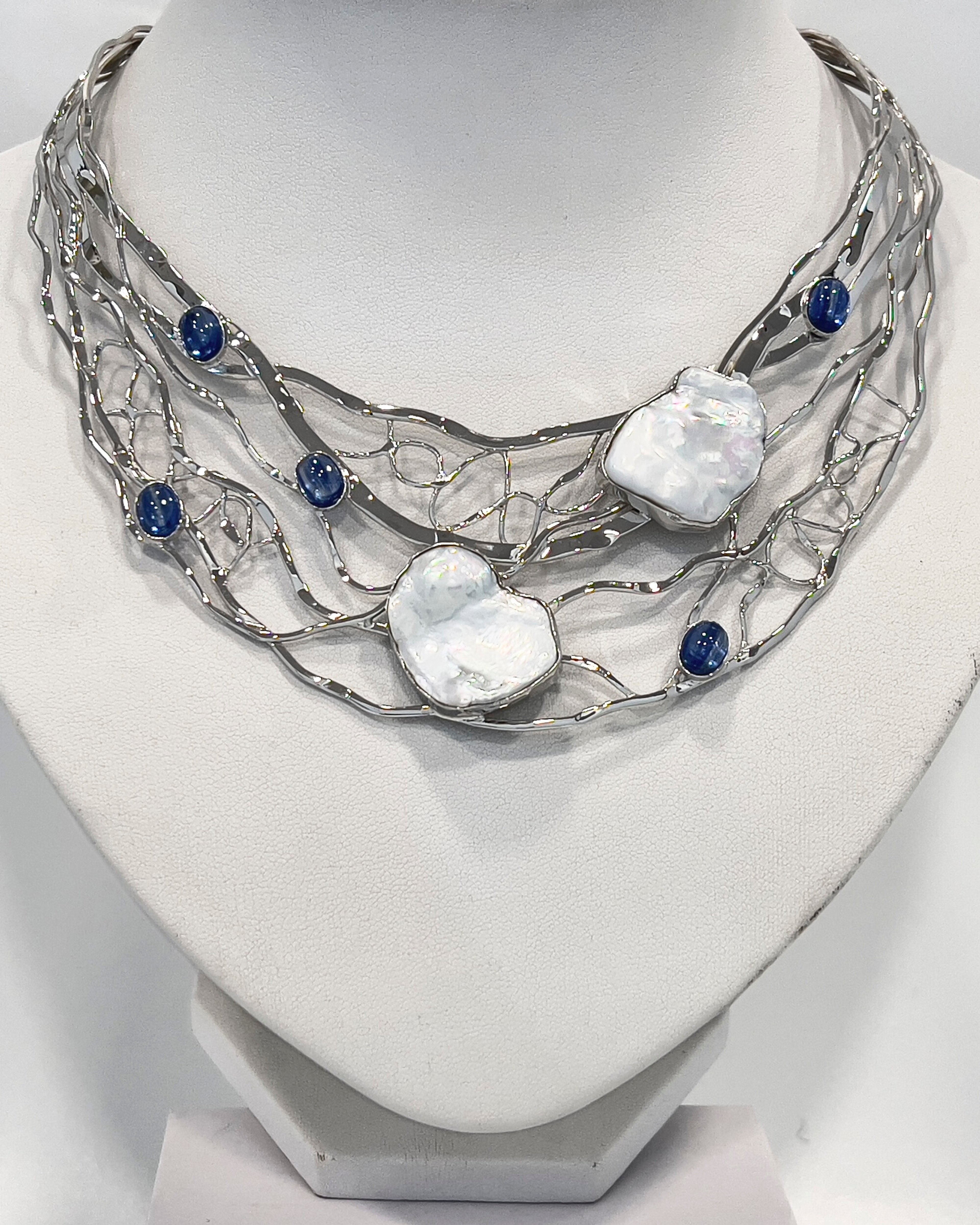 Signature keshi pearl and kyanite silver lattice torque collar necklace