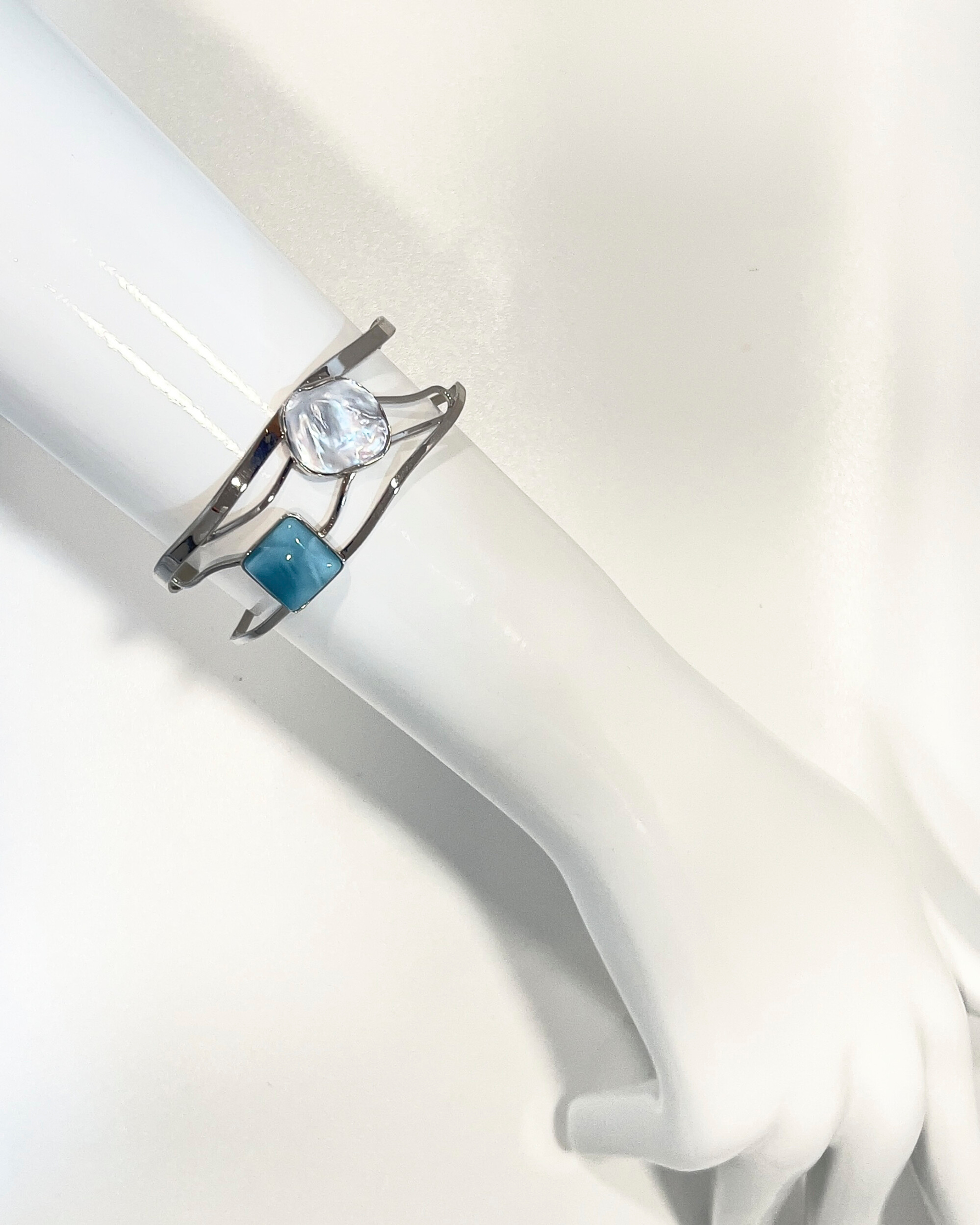 Signature keshi pearl and larimar silver lattice bangle bracelet