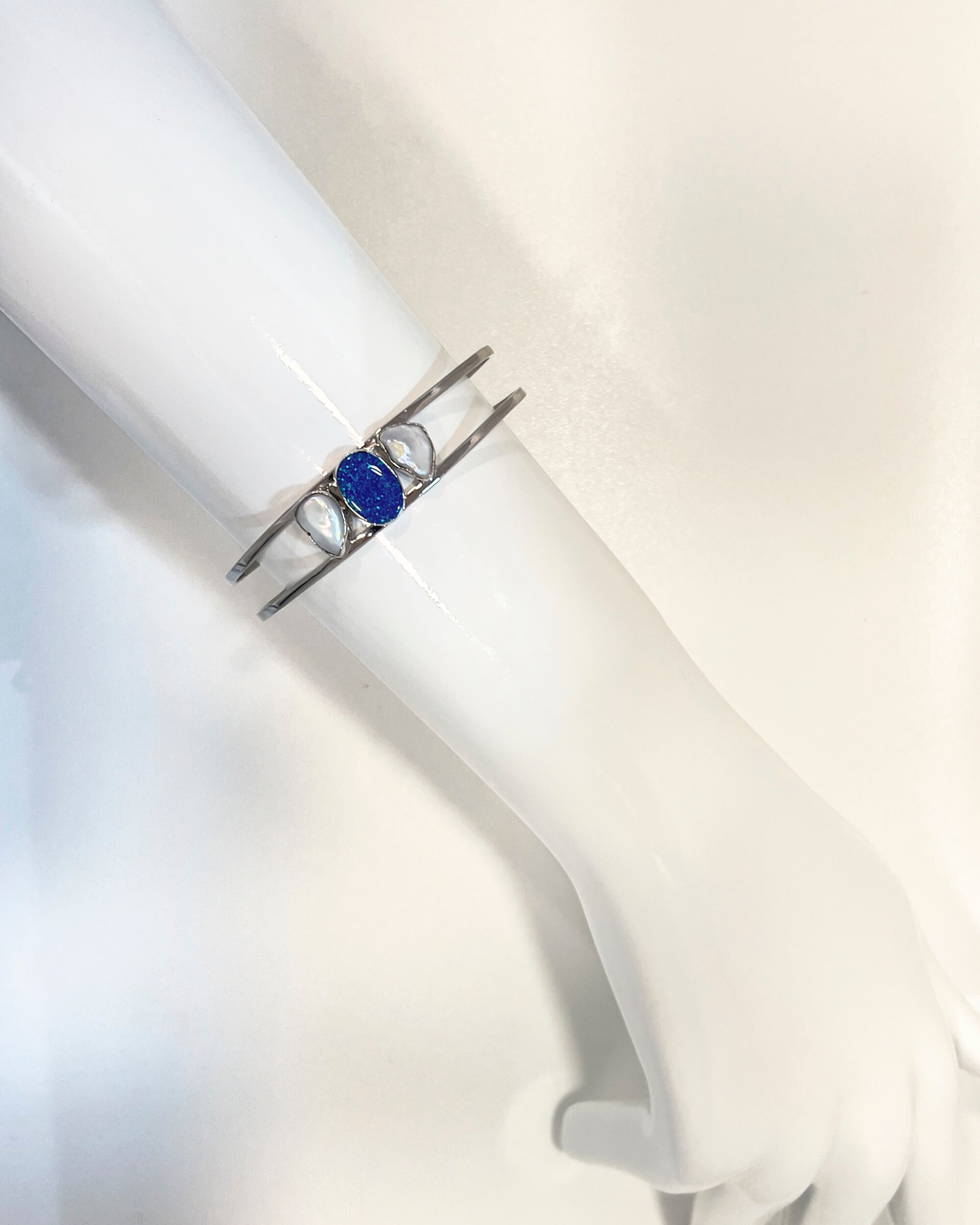 Signature keshi bangle bracelet with pearls and blue opal on rhodium-plated sterling silver