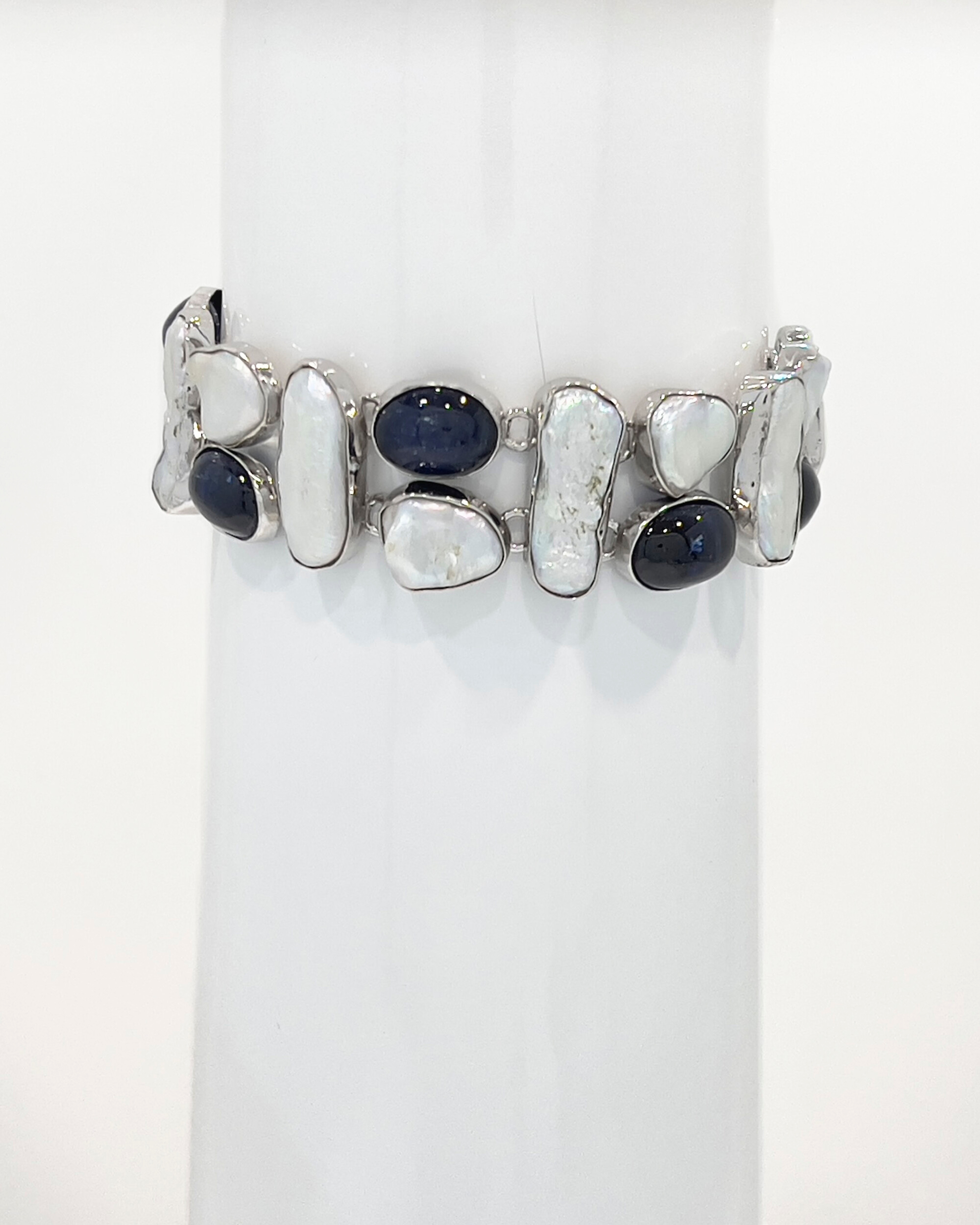 Signature tiled keshi pearl and kyanite statement chain bracelet in rhodium-plated sterling silver