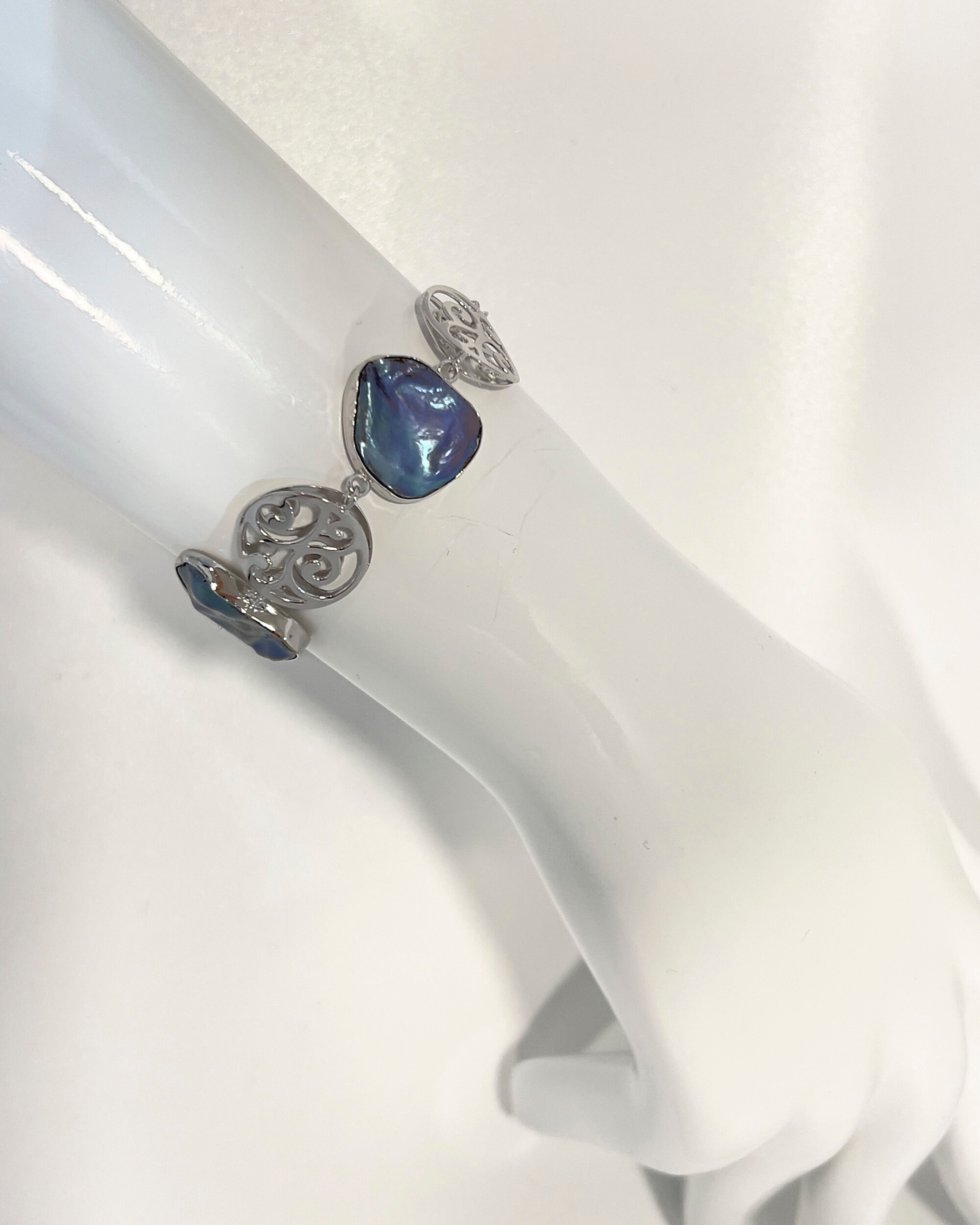 Signature dark keshi pearl and silver charms statement chain bracelet