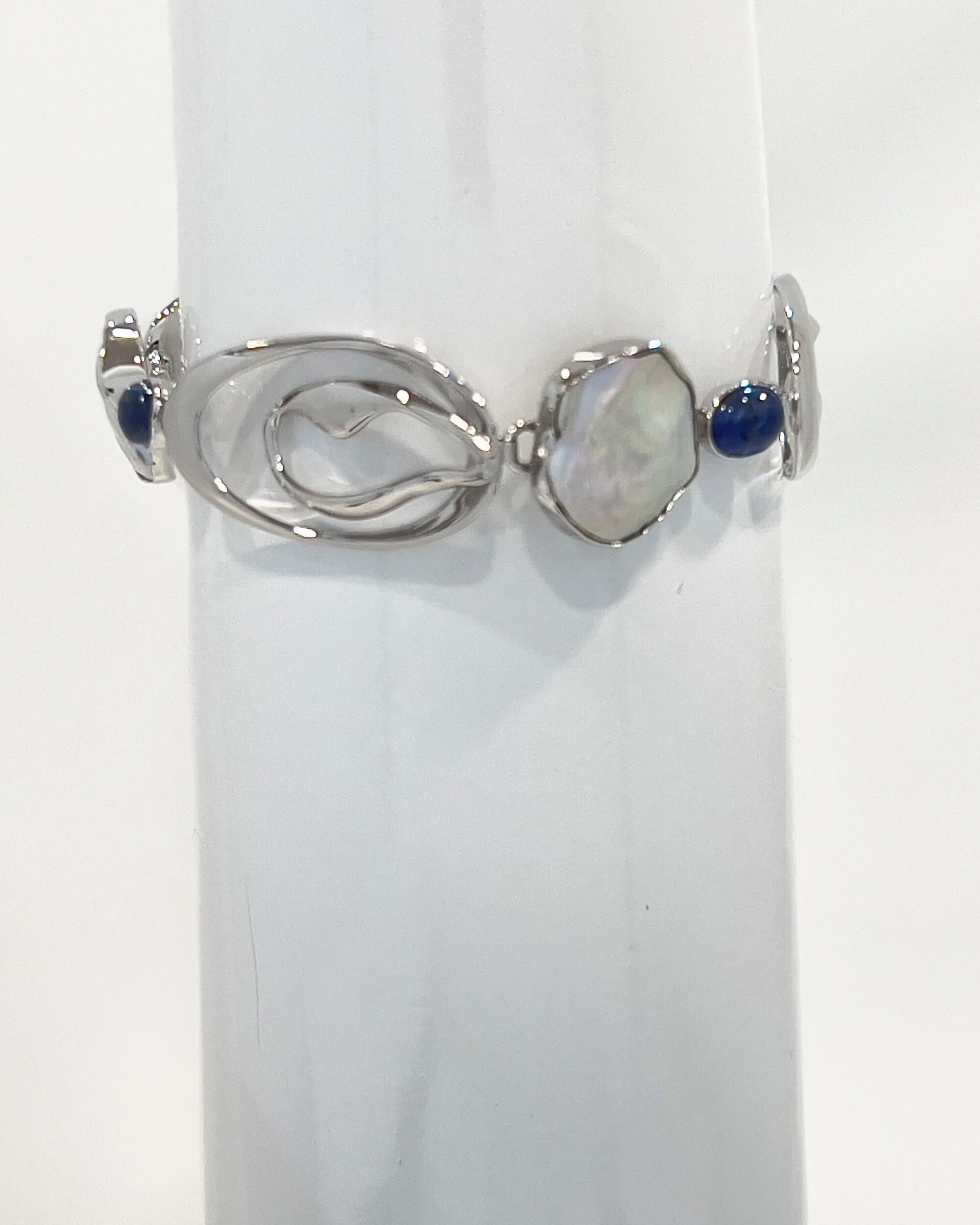 Signature keshi pearl with silver ovals and kyanite statement bracelet