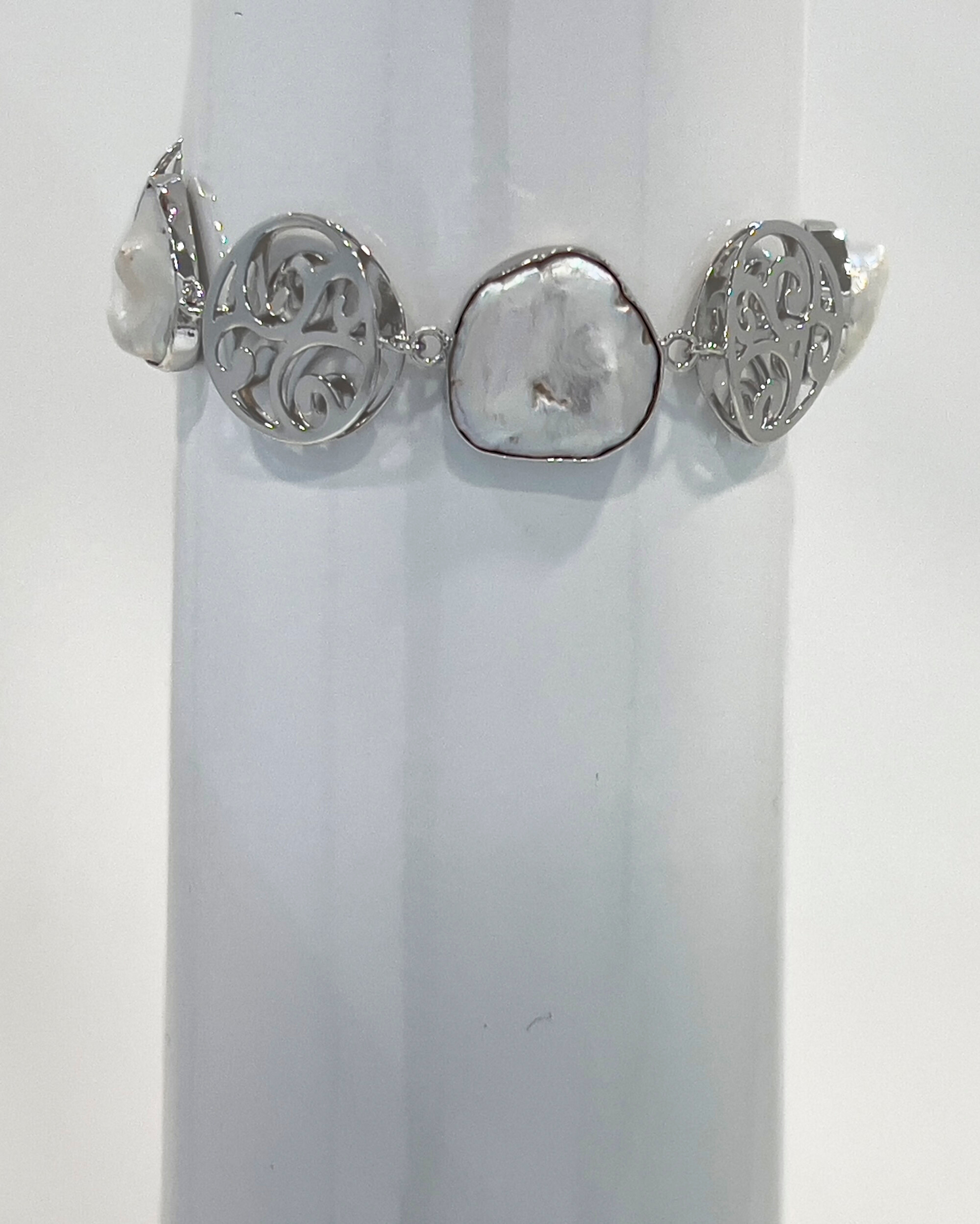 Signature keshi pearl statement chain bracelet with silver round charms