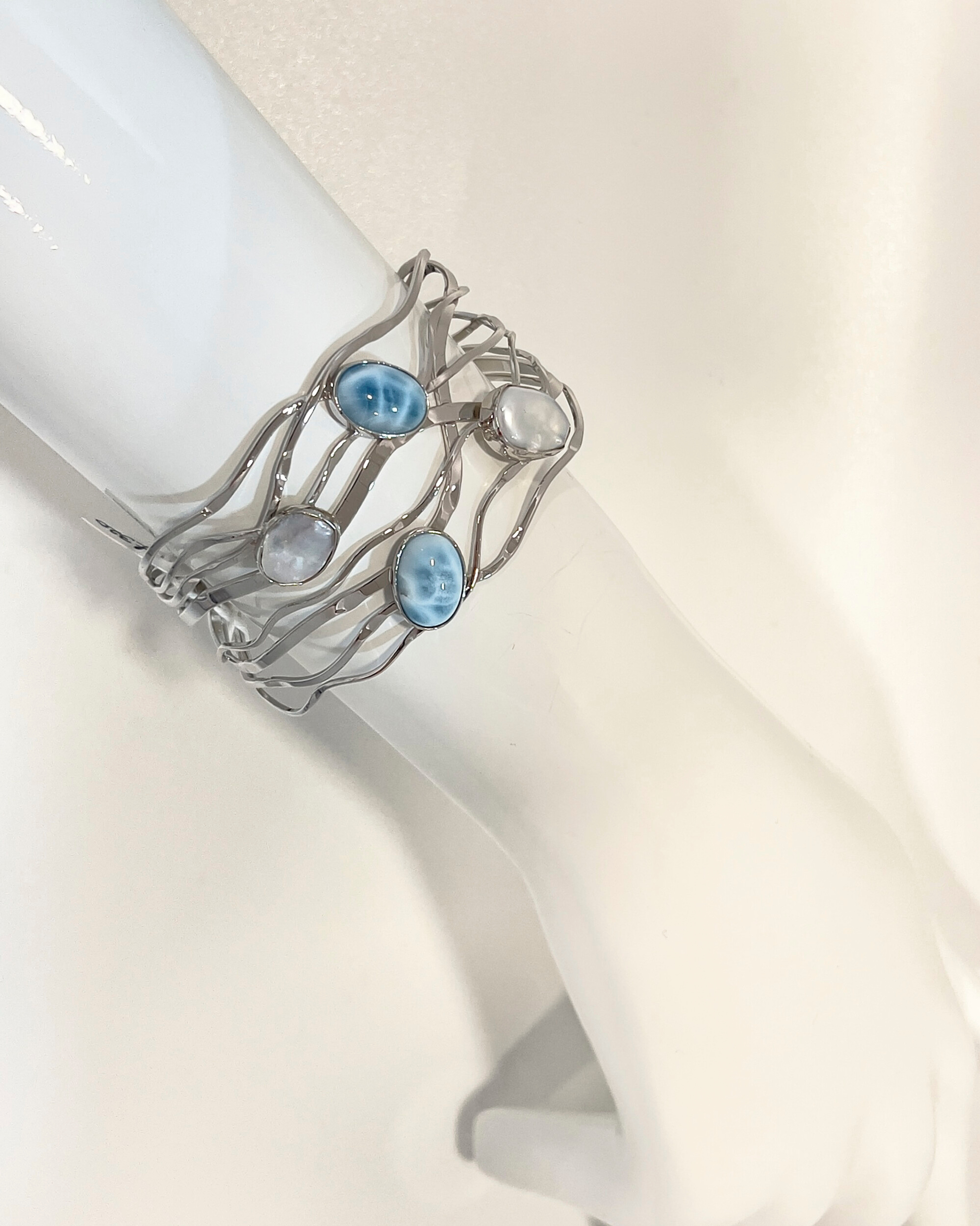Signature keshi pearl and larimar open bangle bracelet in silver