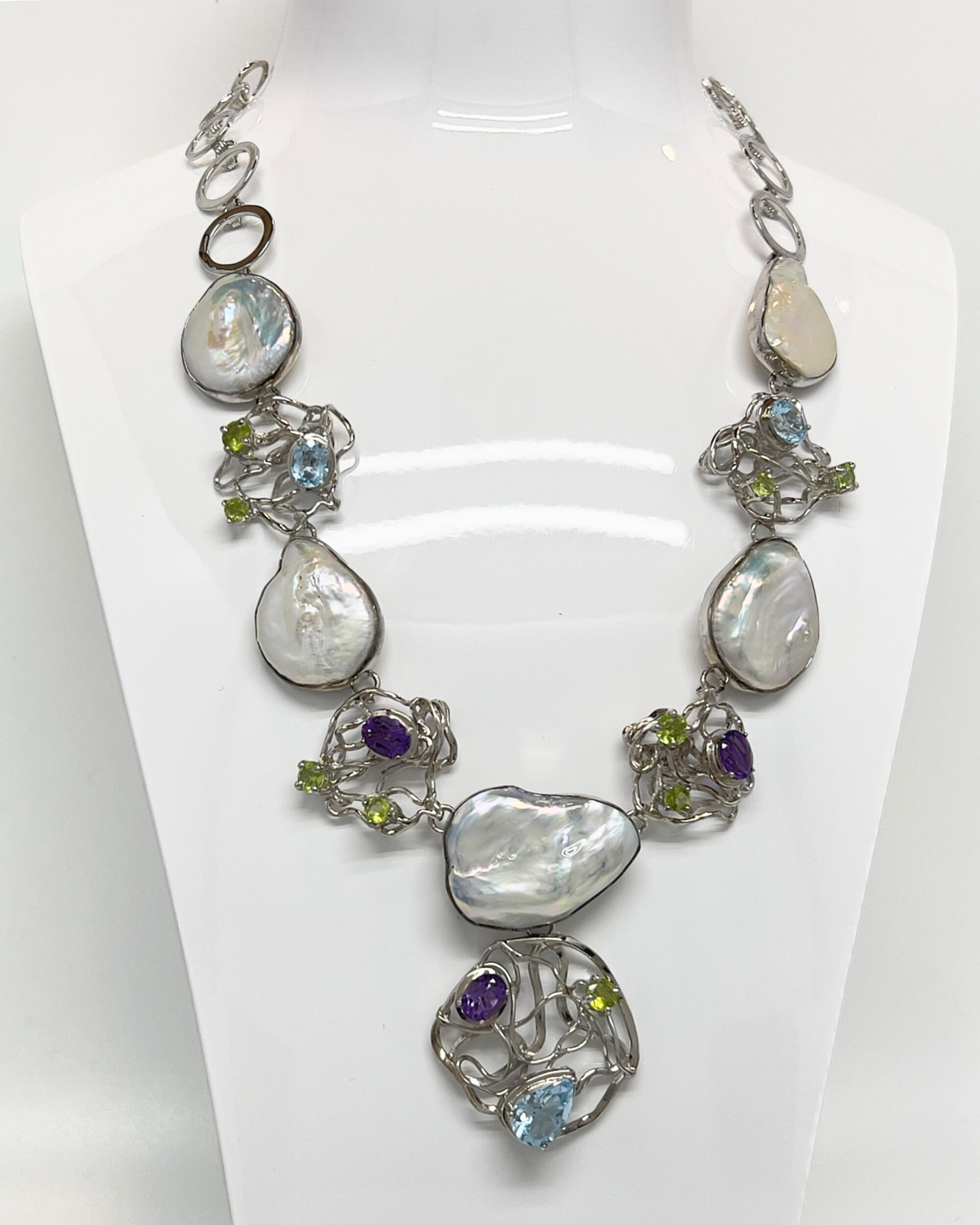 Signature keshi pearl statement pendant necklace with silver lattice and amethyst