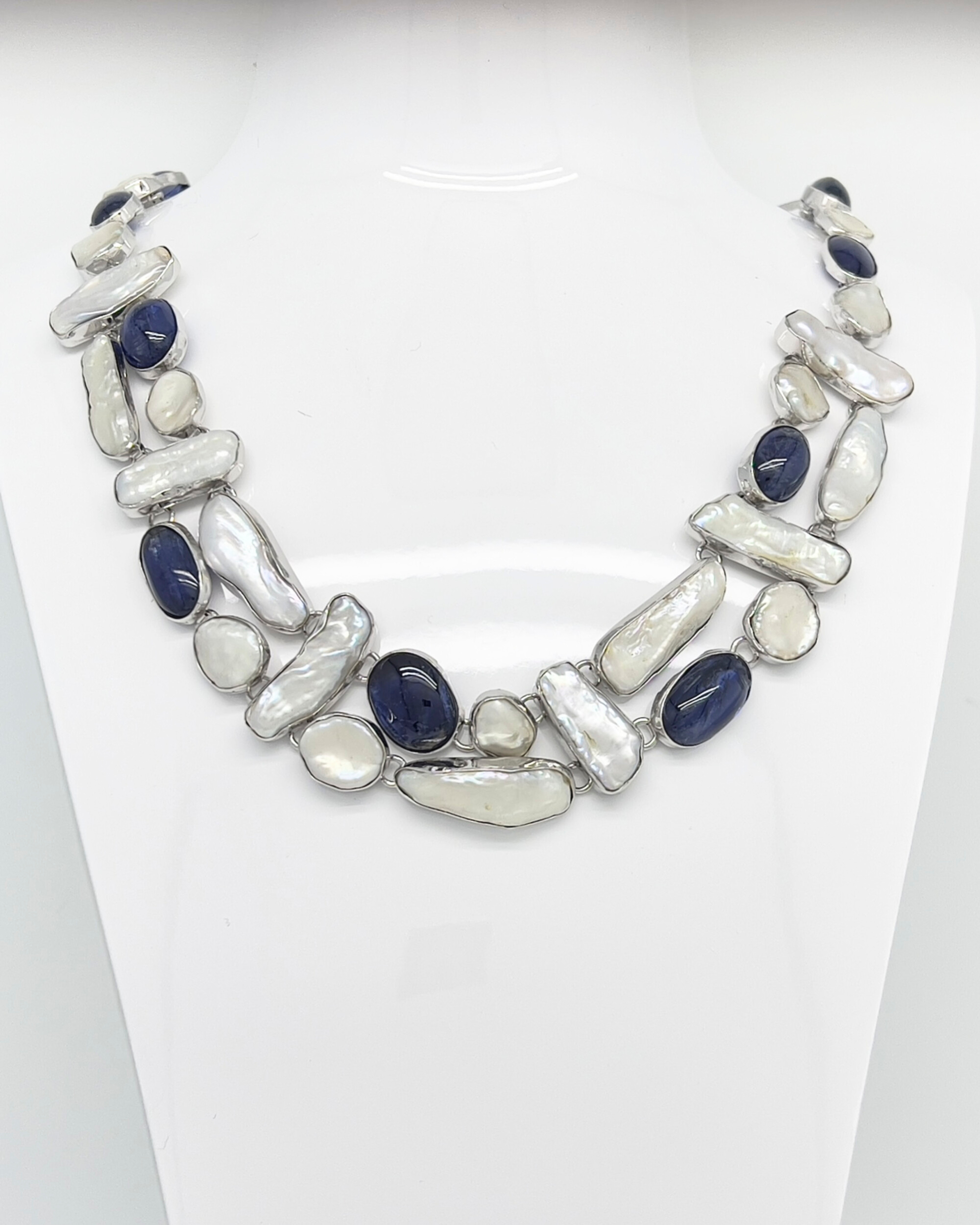 Signature tiled keshi pearl and kyanite silver statement chain necklace