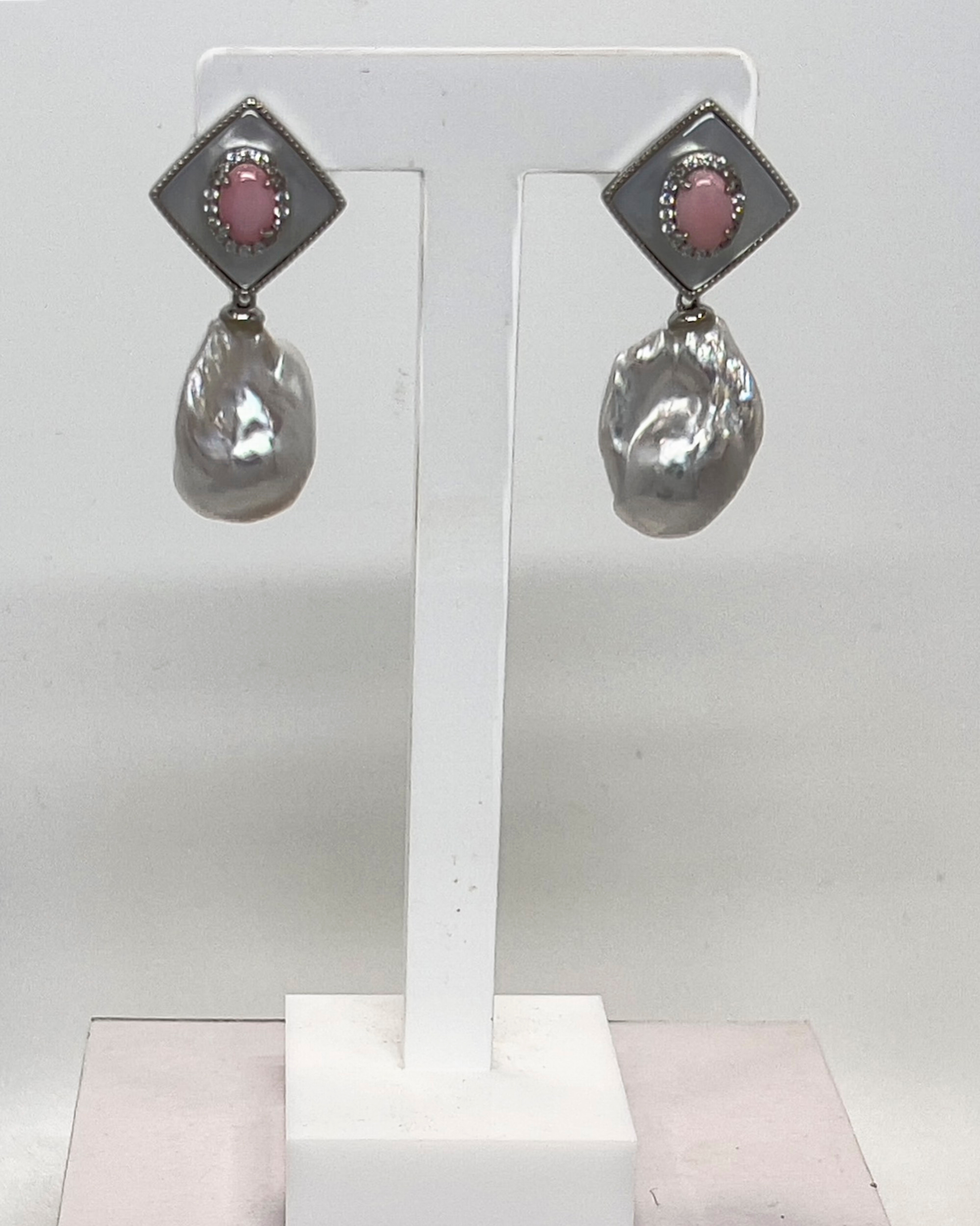 Unur Signature baroque pearl and pink coral drop earrings in silver