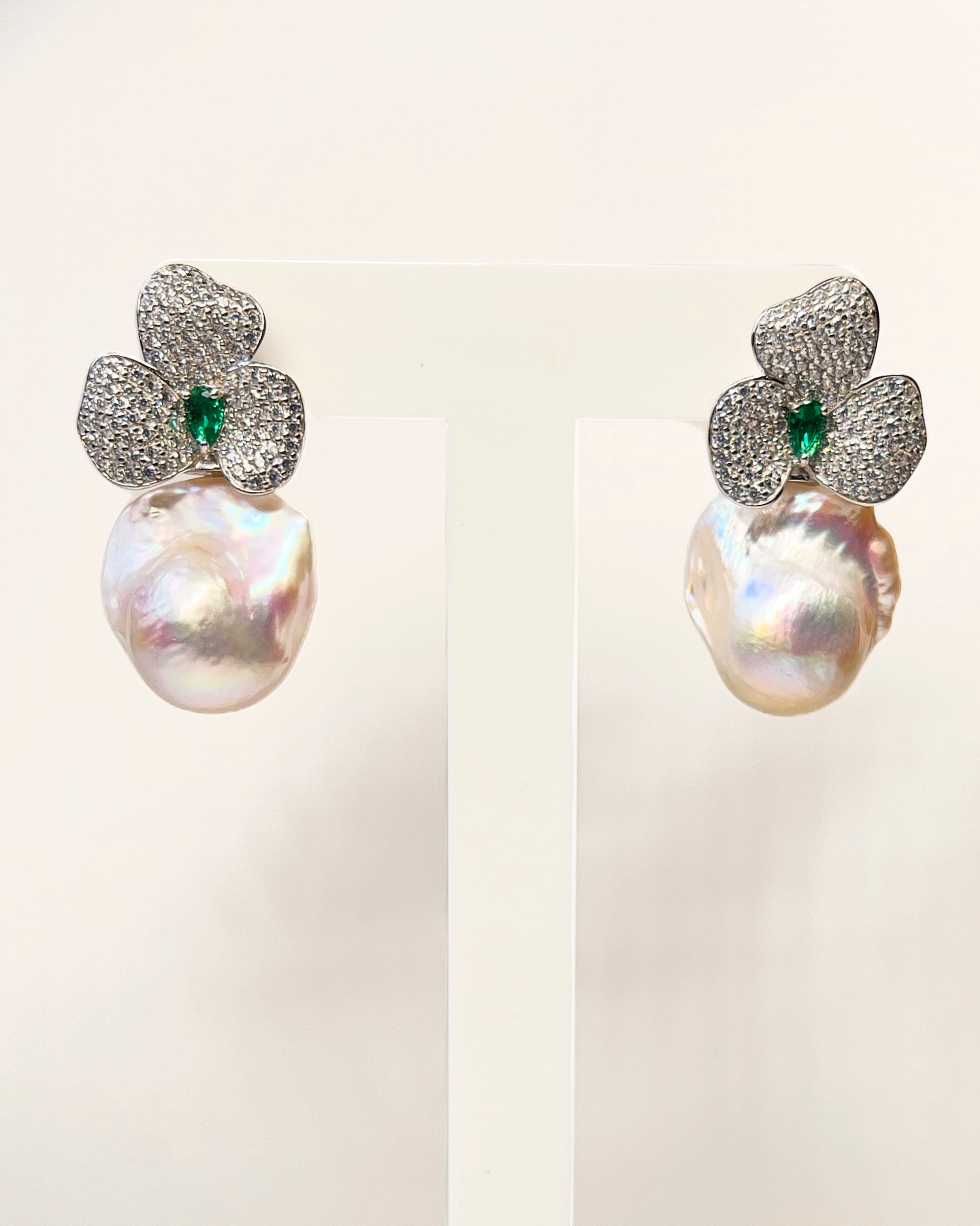 Unur Signature baroque pearl and green jade drop earrings with crystal leaf studs