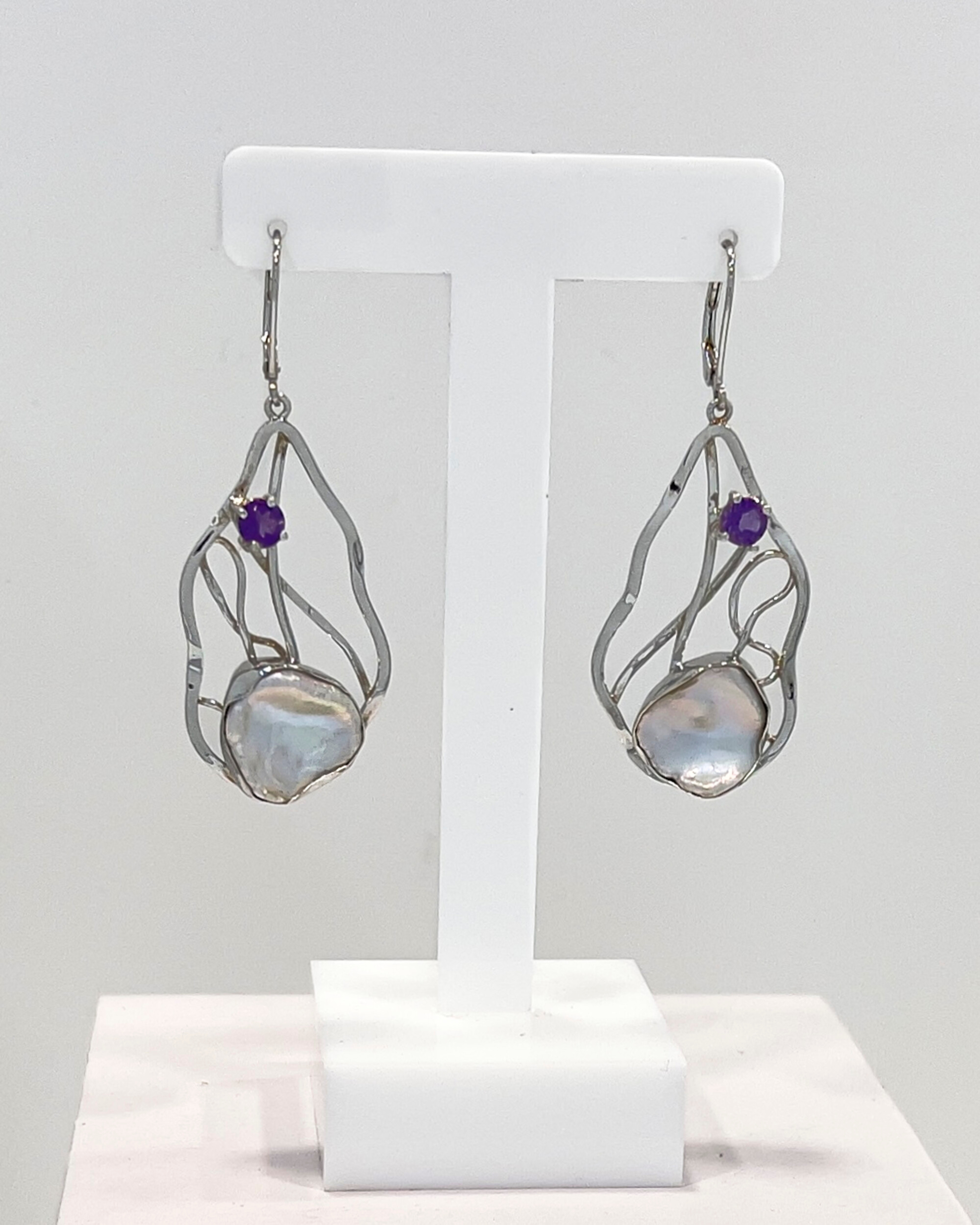 Signature keshi pearl and amethyst drop earrings with rhodium-plated silver lattice