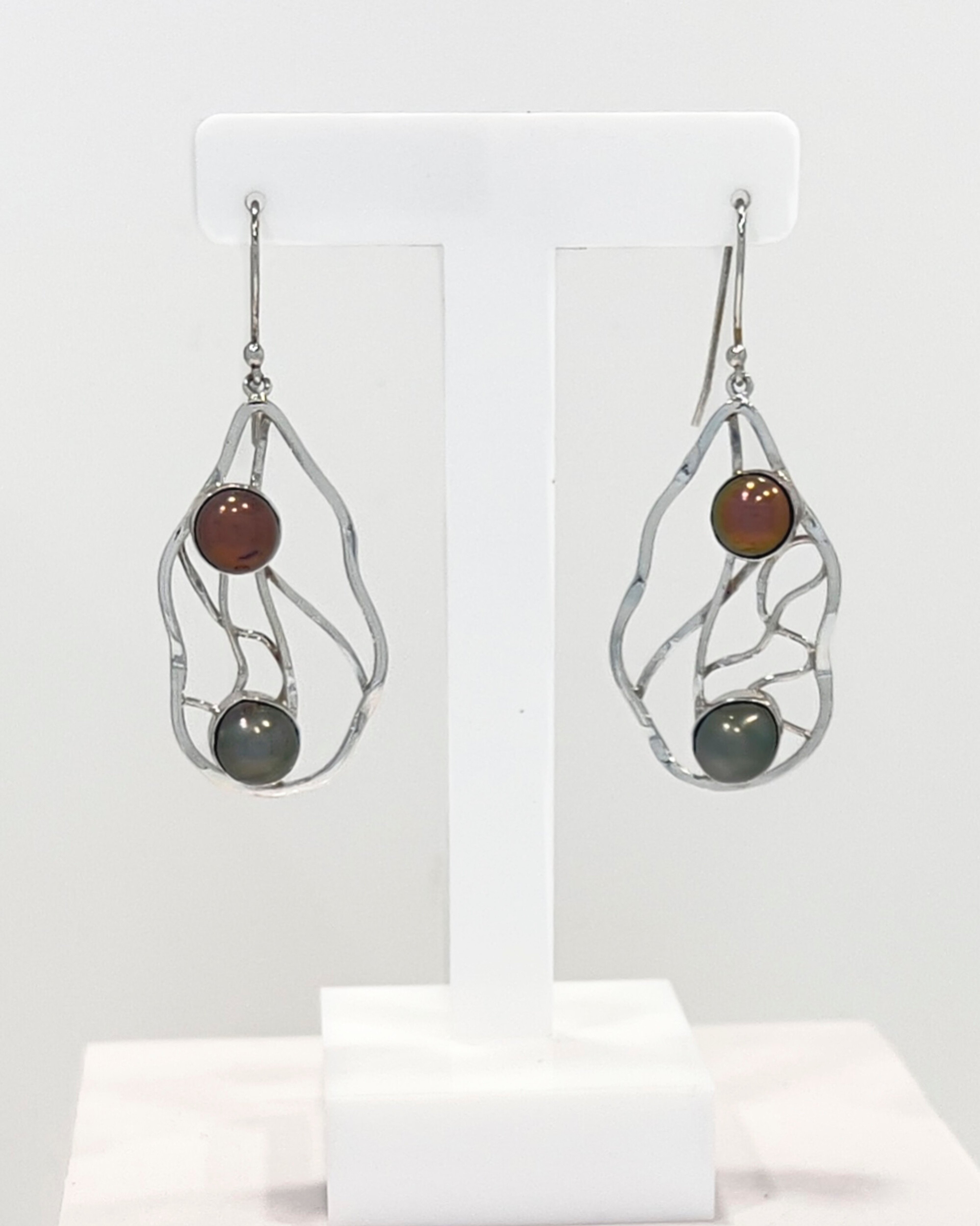 Signature silver lattice drop earrings with two Tahitian pearls