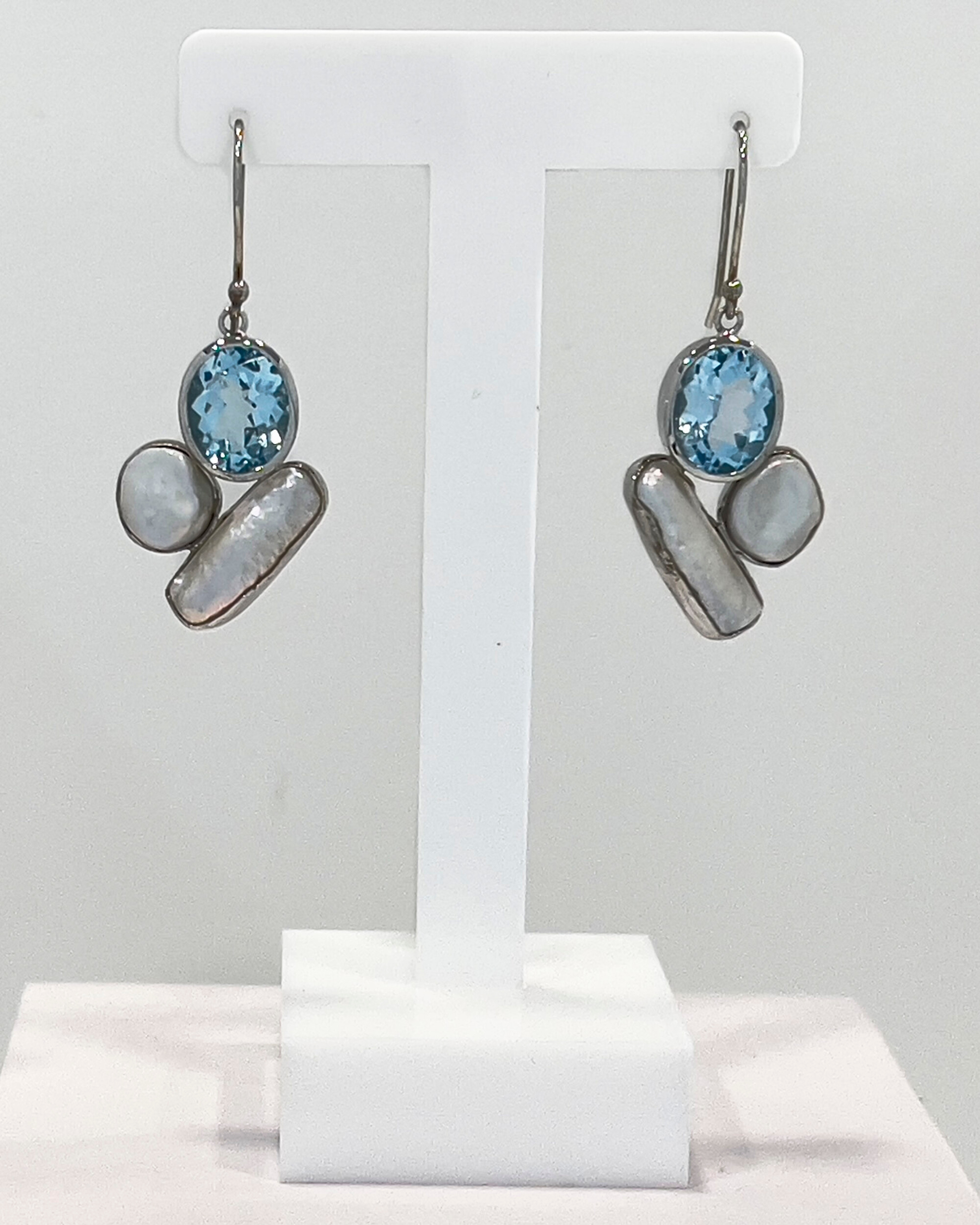 Signature Keshi pearl and topaz drop earrings with silver tile lattice