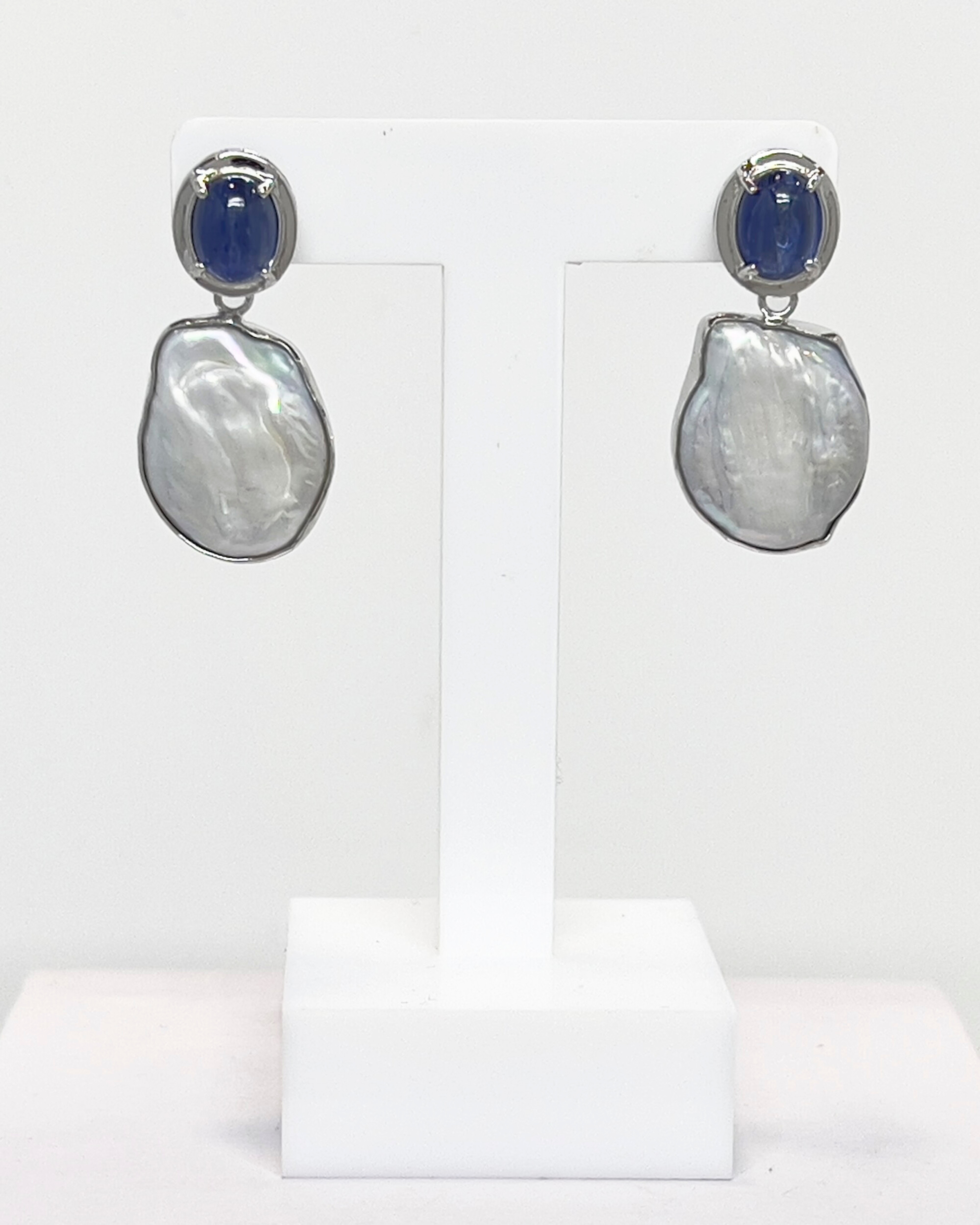Signature kyanite stud keshi pearl drop earrings in rhodium-plated sterling silver