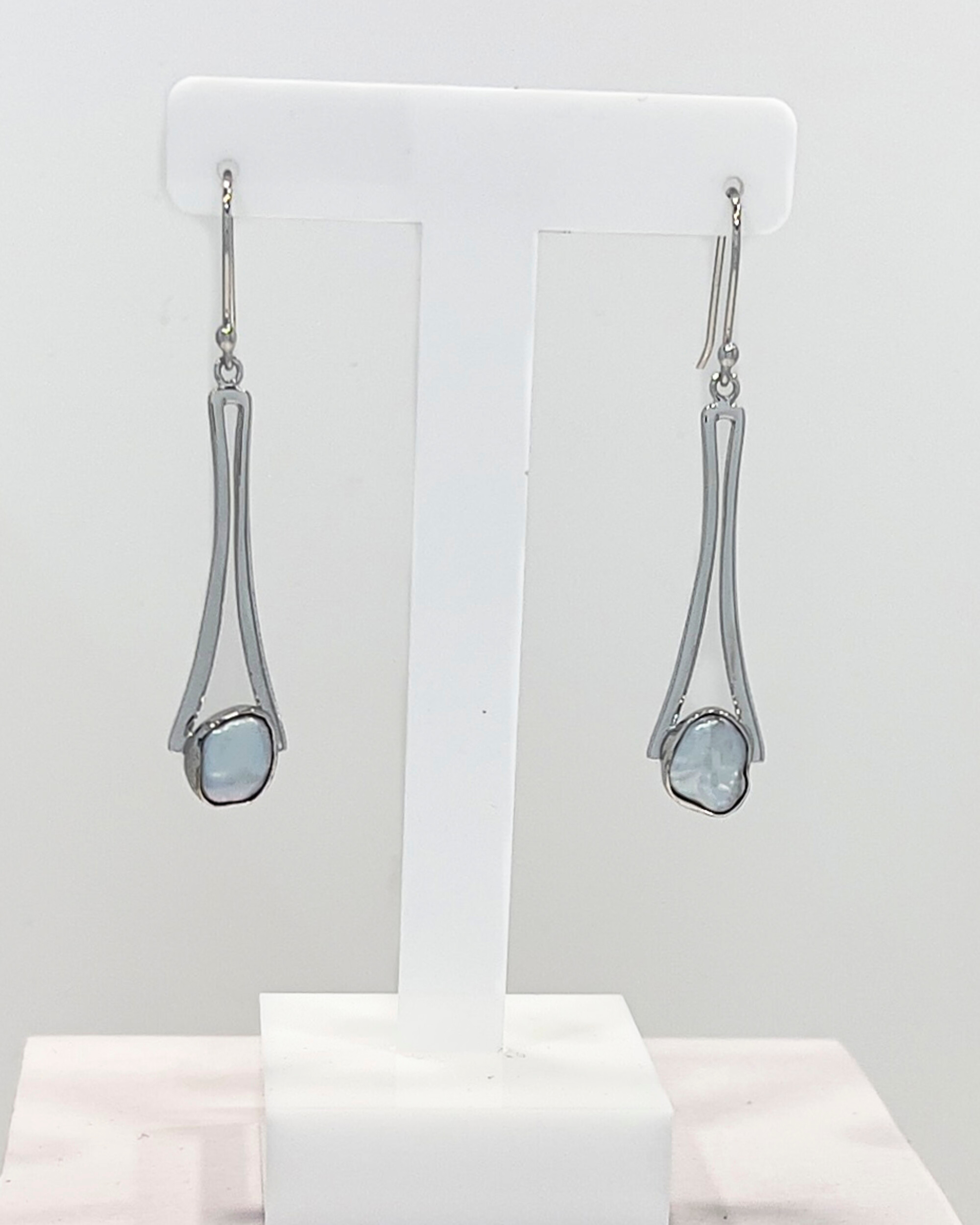 Signature small flat keshi pearl drop earrings with twin silver drops