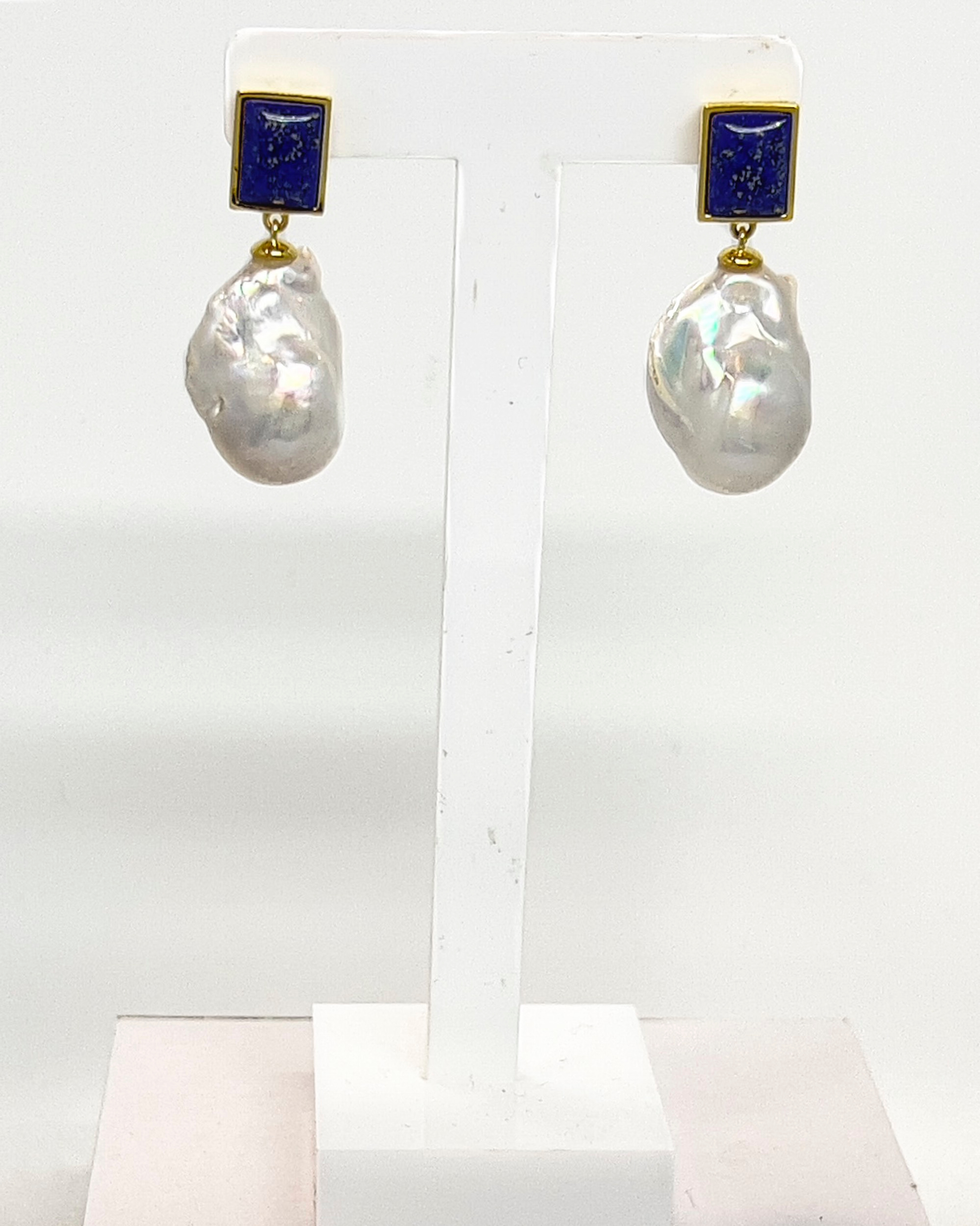 Signature baroque pearl and lapis lazuli drop earrings with gold stud