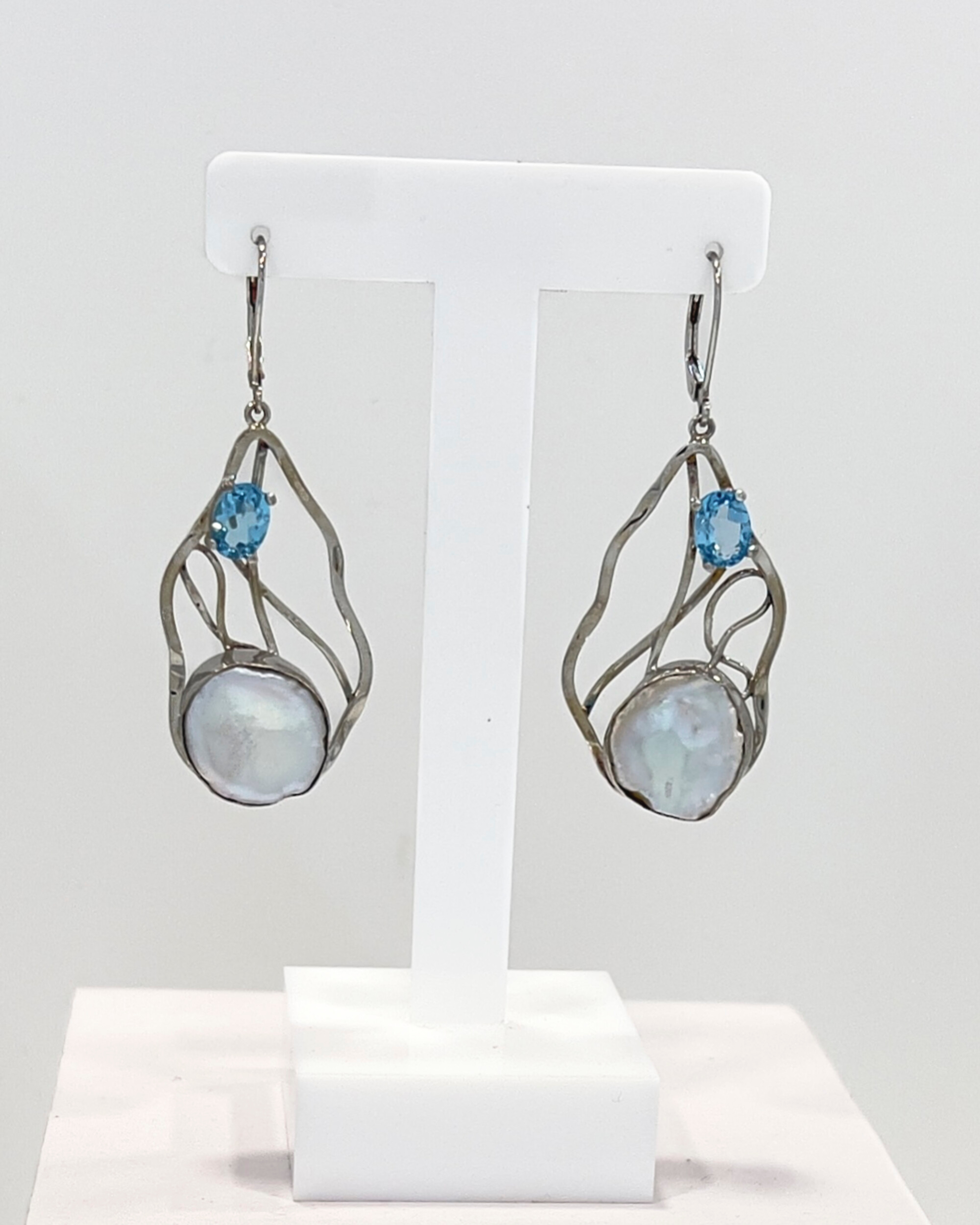 Signature keshi pearl and topaz drop earrings in rhodium-plated sterling silver with a lattice design