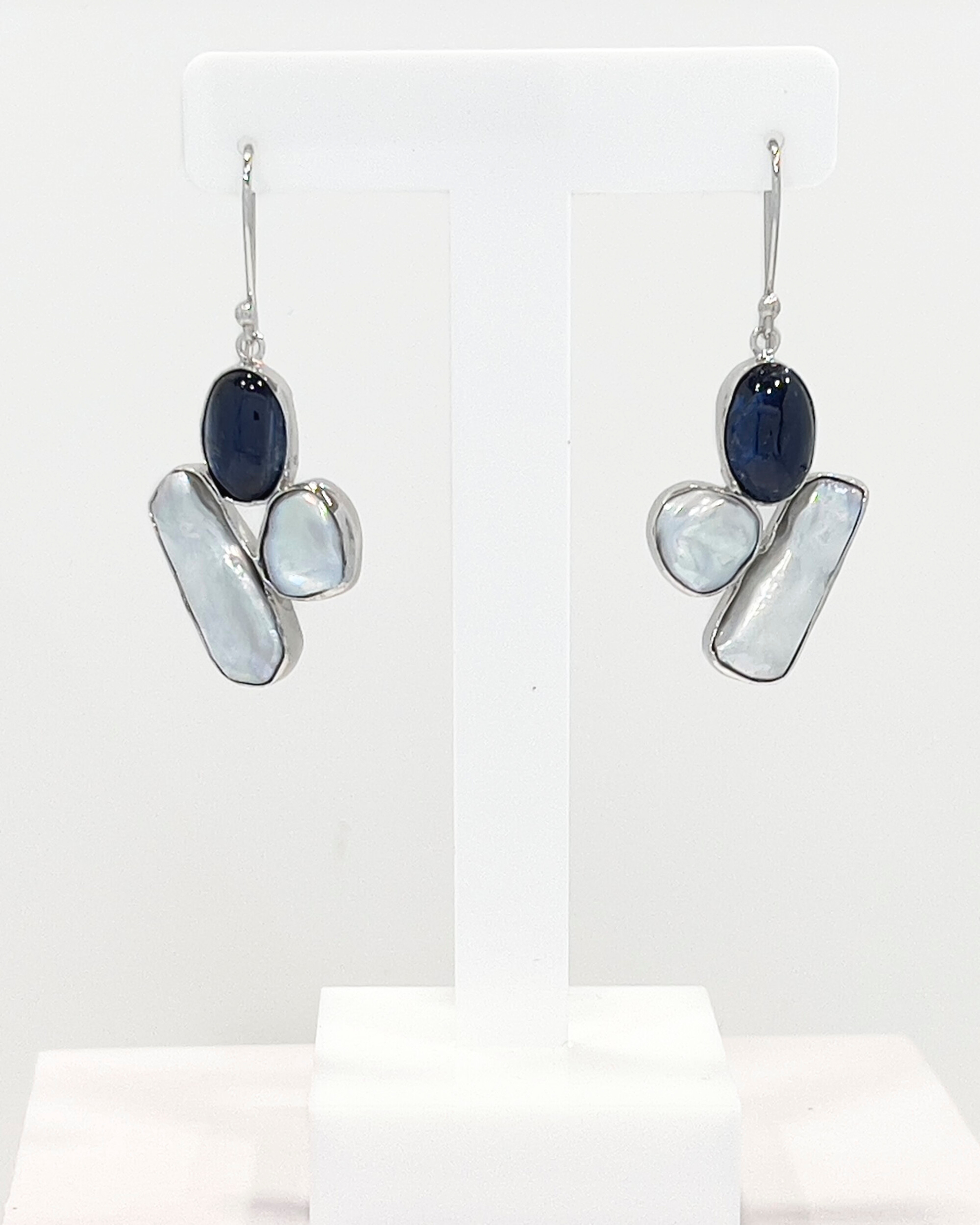 Signature keshi pearl and kyanite drop earrings in silver tiled pattern