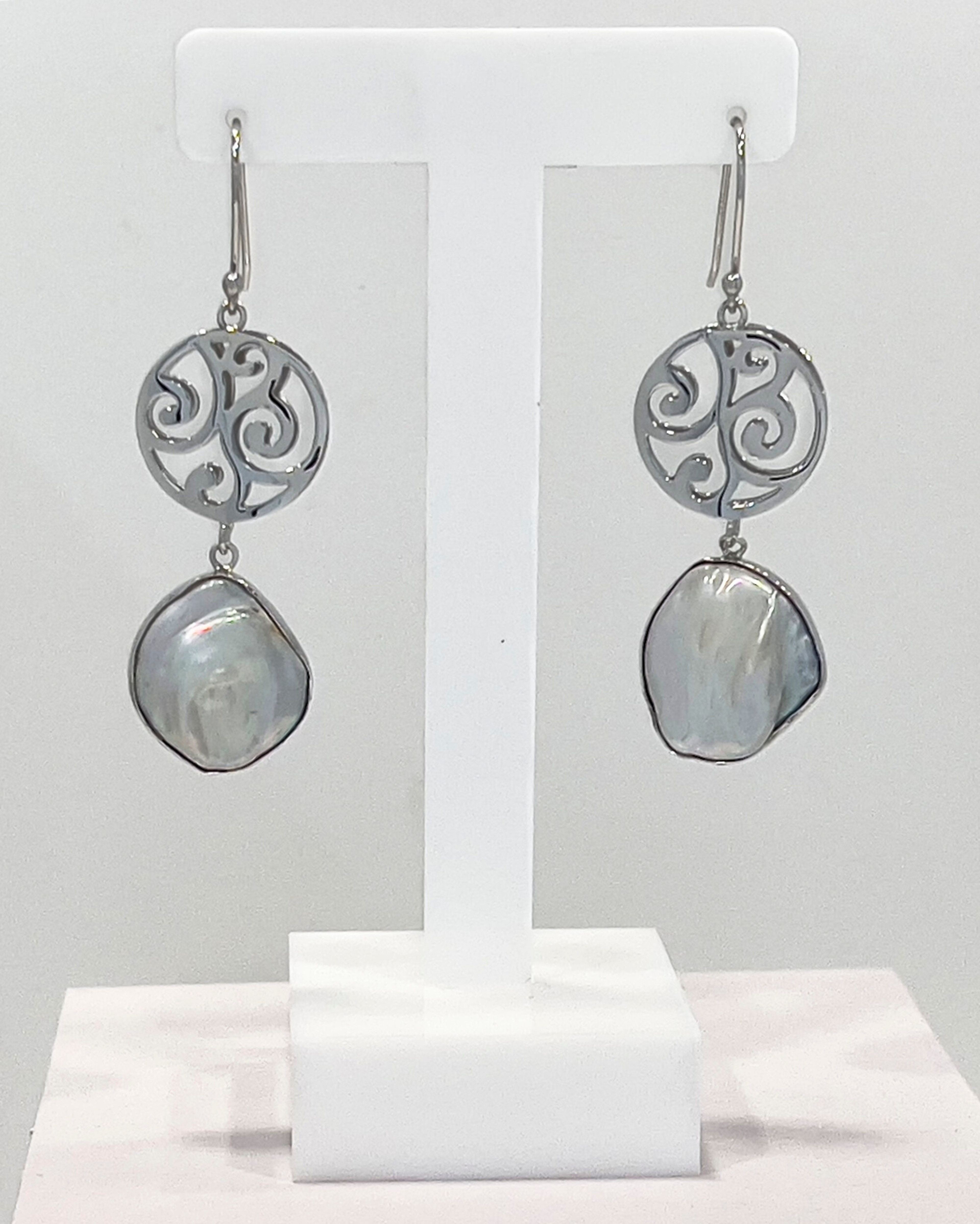 Signature keshi pearl drop earrings with silver round charm