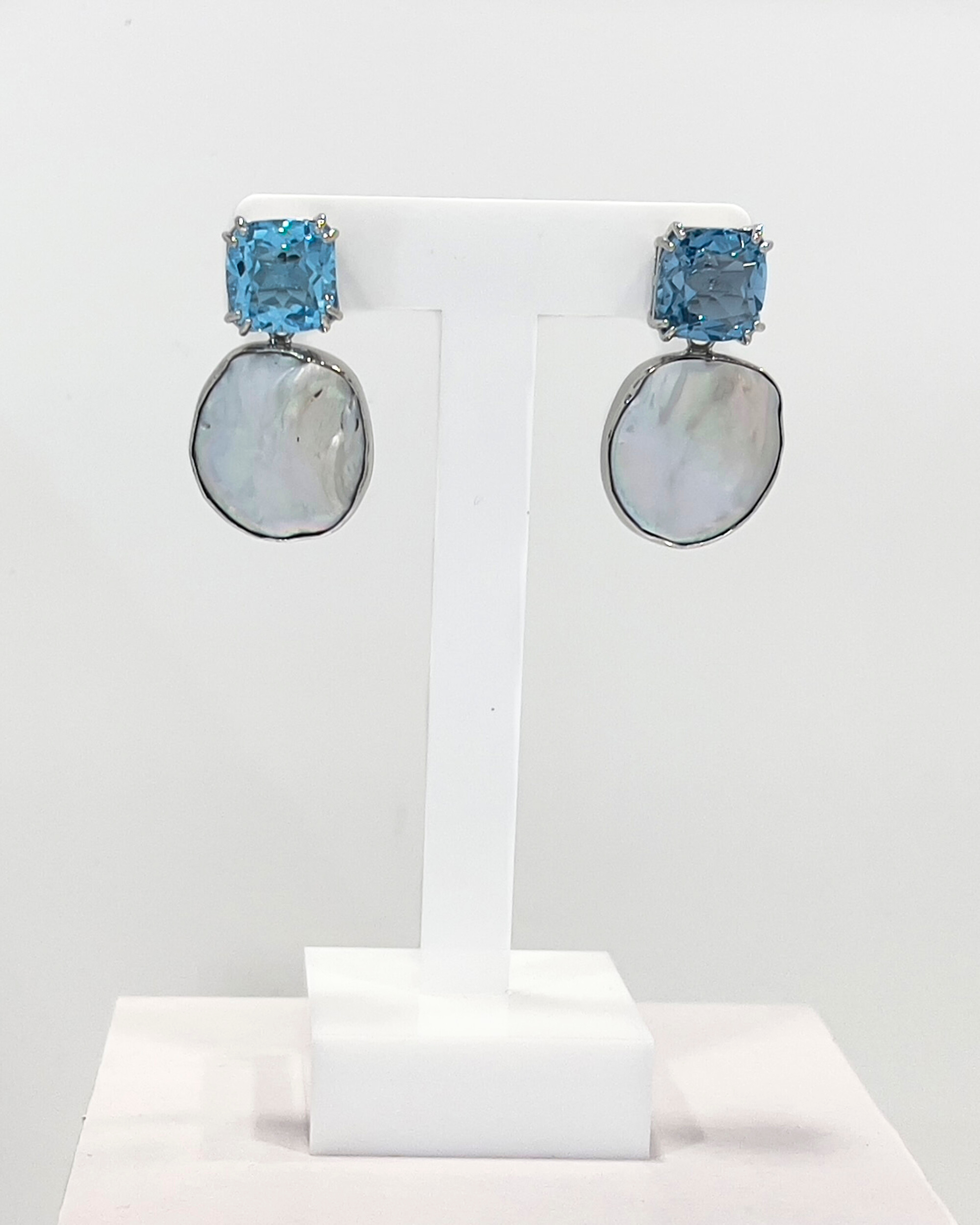 Signature square topaz stud keshi pearl drop earrings in silver