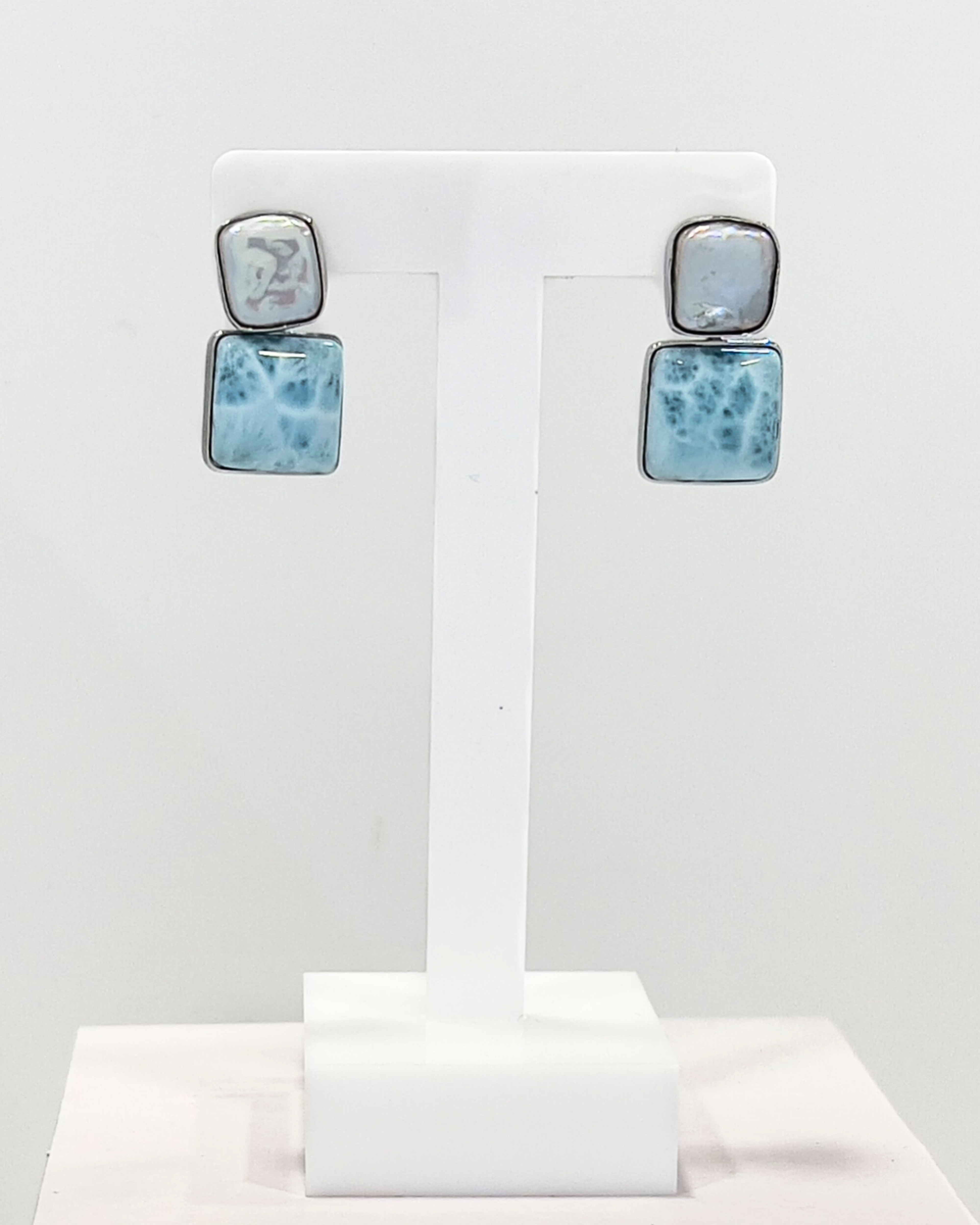 Signature square keshi pearl stud earrings with larimar drop