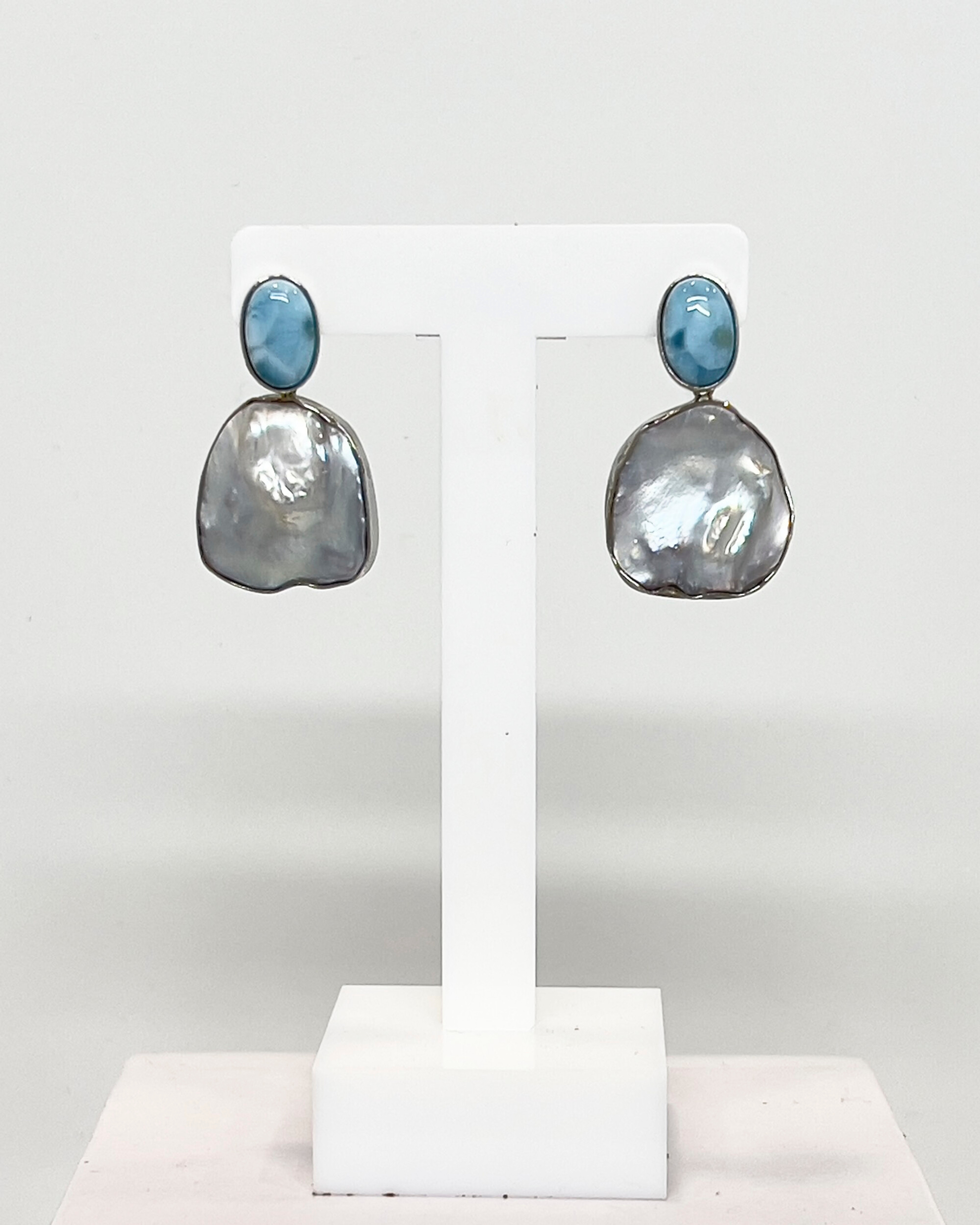 Signature Larimar stud Keshi pearl drop earrings in rhodium-plated 925 sterling silver