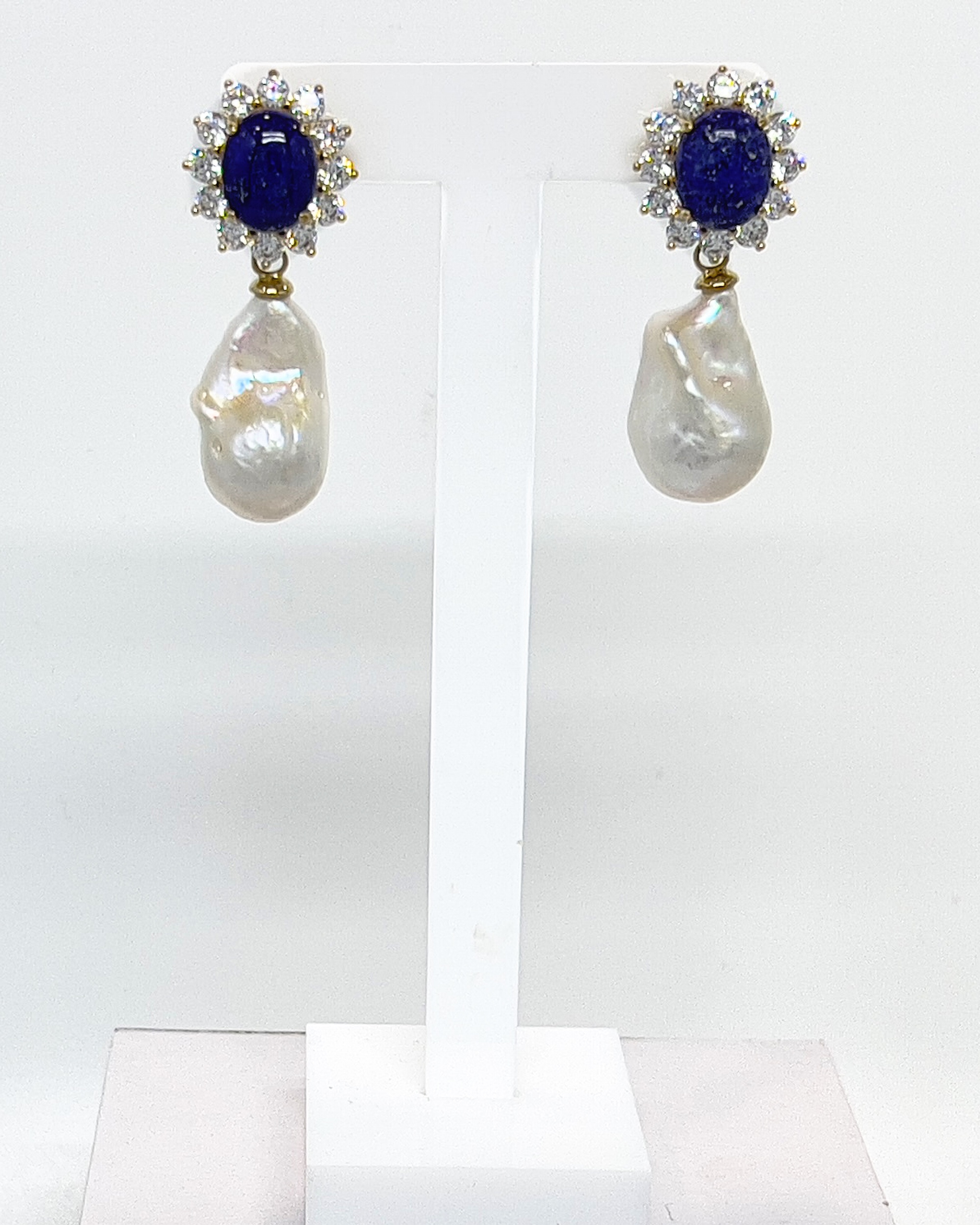 Signature baroque pearl drop earrings with lapis lazuli and crystal studs