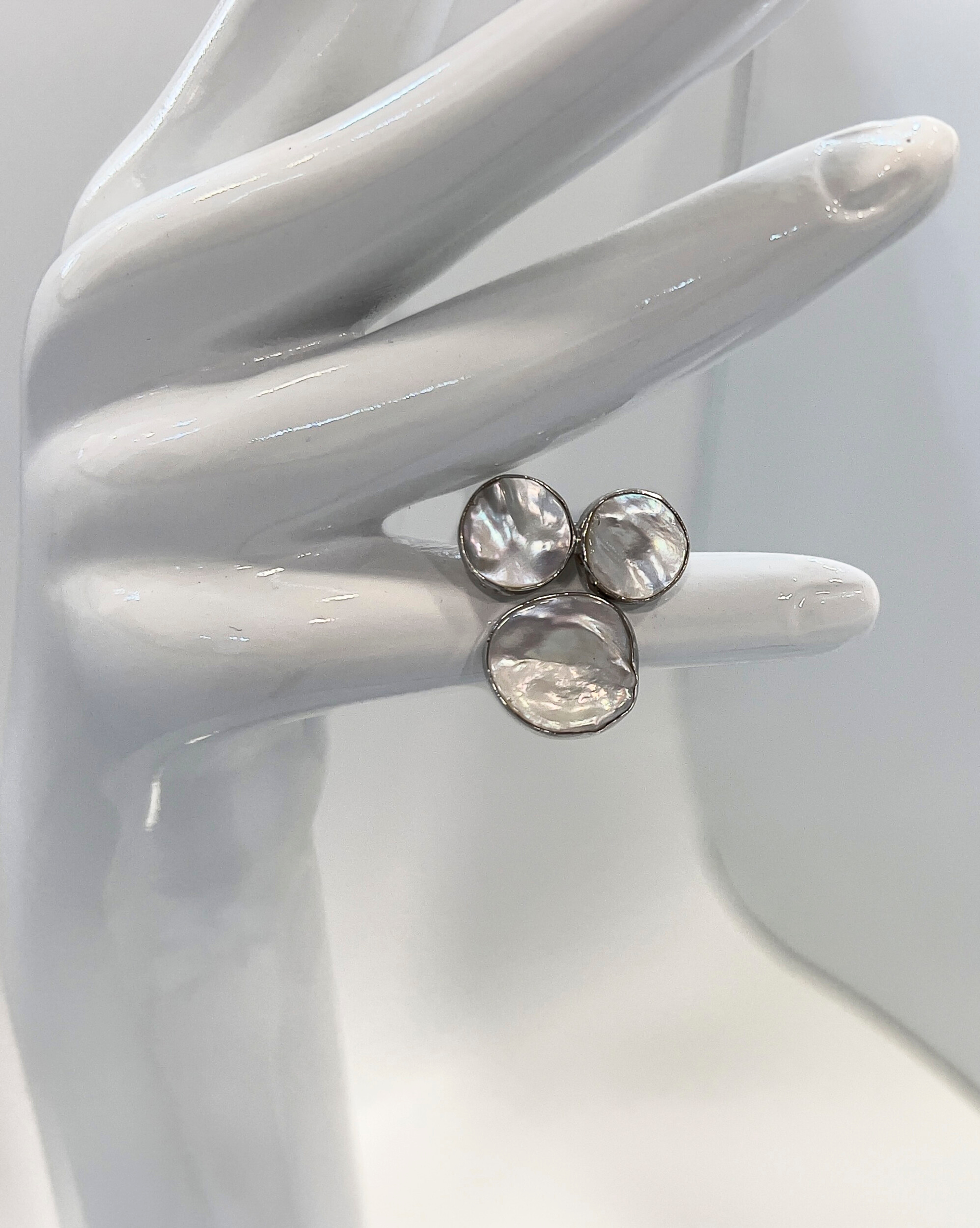 Signature triple keshi pearl statement ring with a square silver band