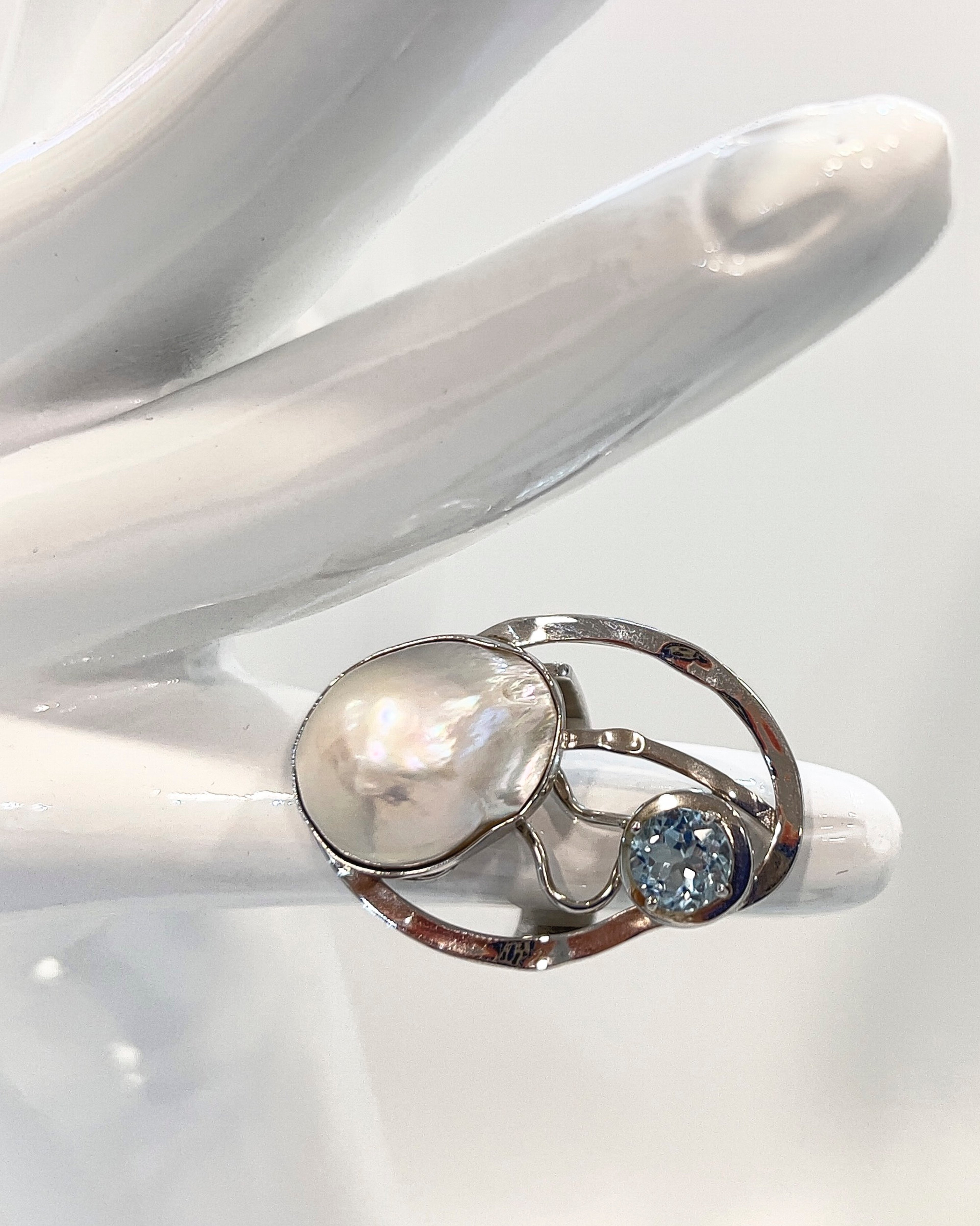 Signature baroque pearl and topaz statement ring in silver