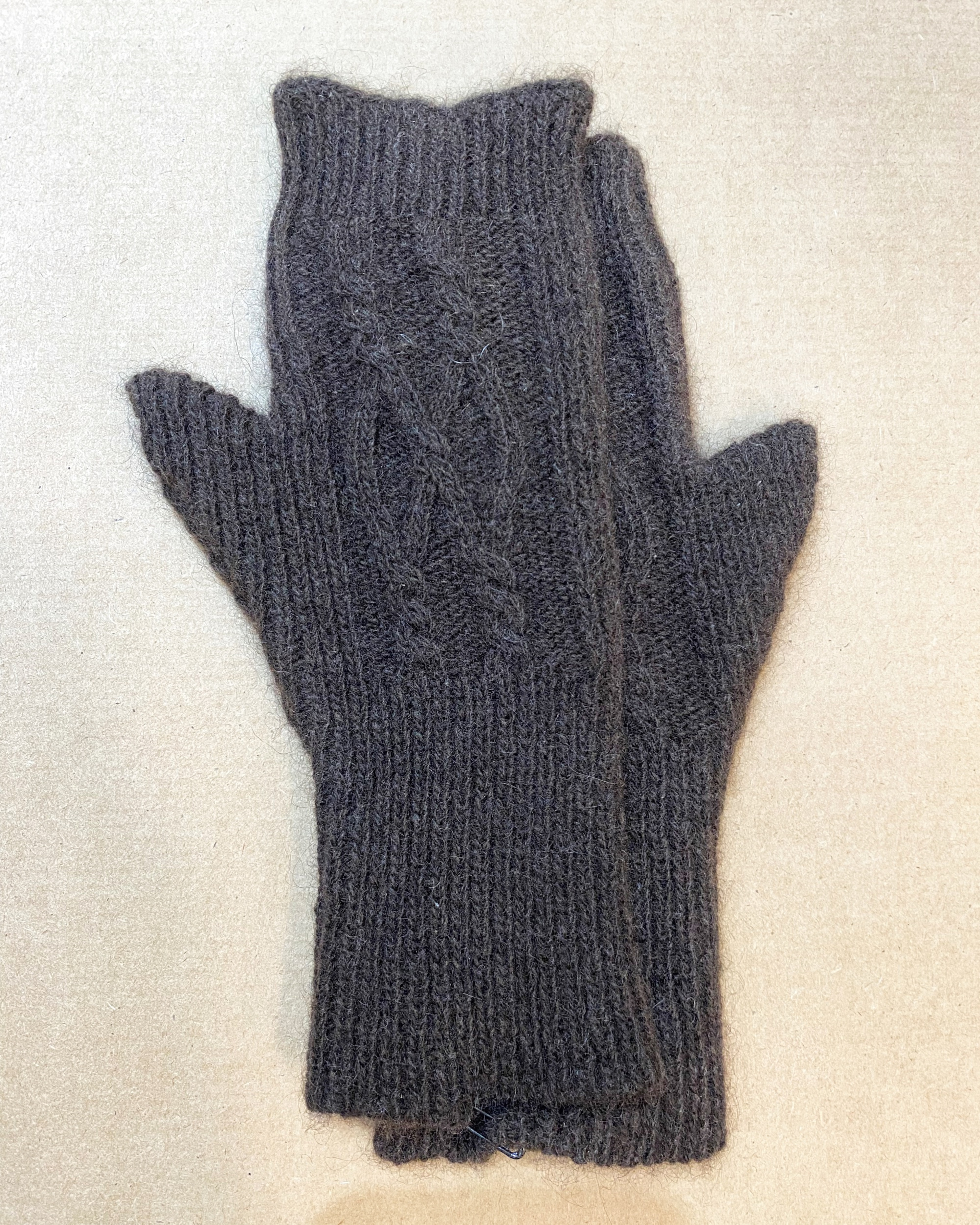 Unur dark brown cable knit yak wool handwarmers