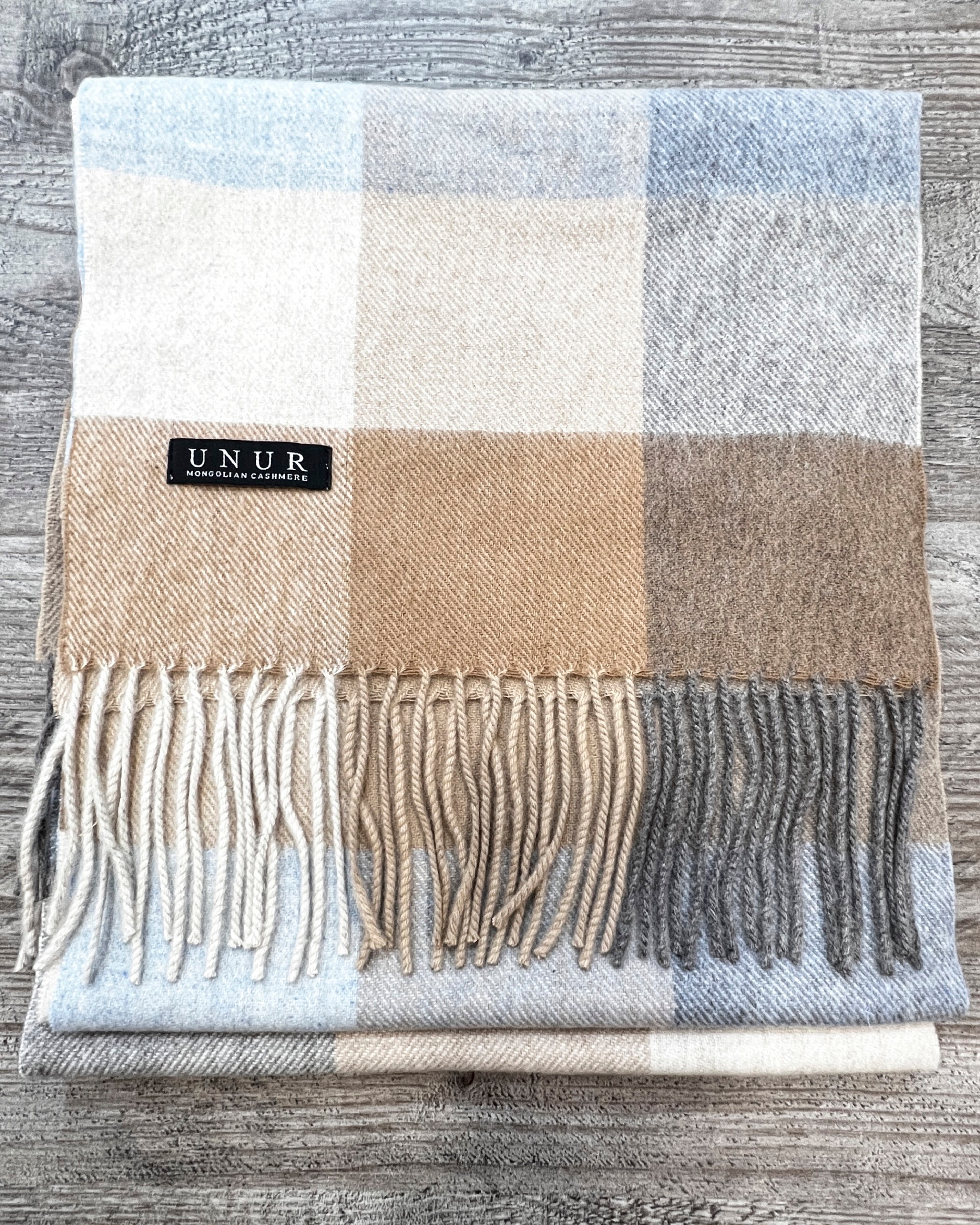 Unur woven cashmere scarf with tassels in brown check