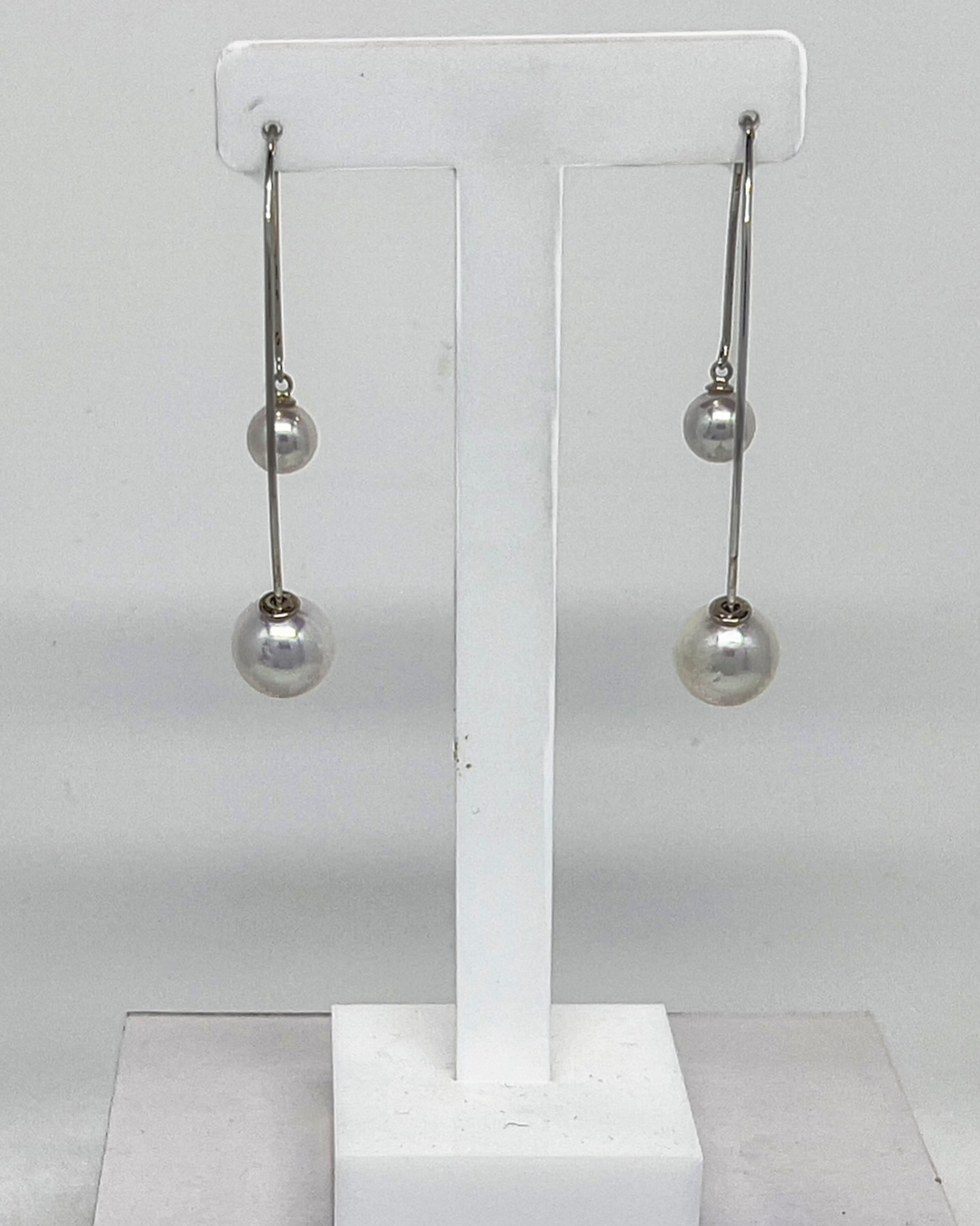 Classic double white pearl silver hook drop earrings