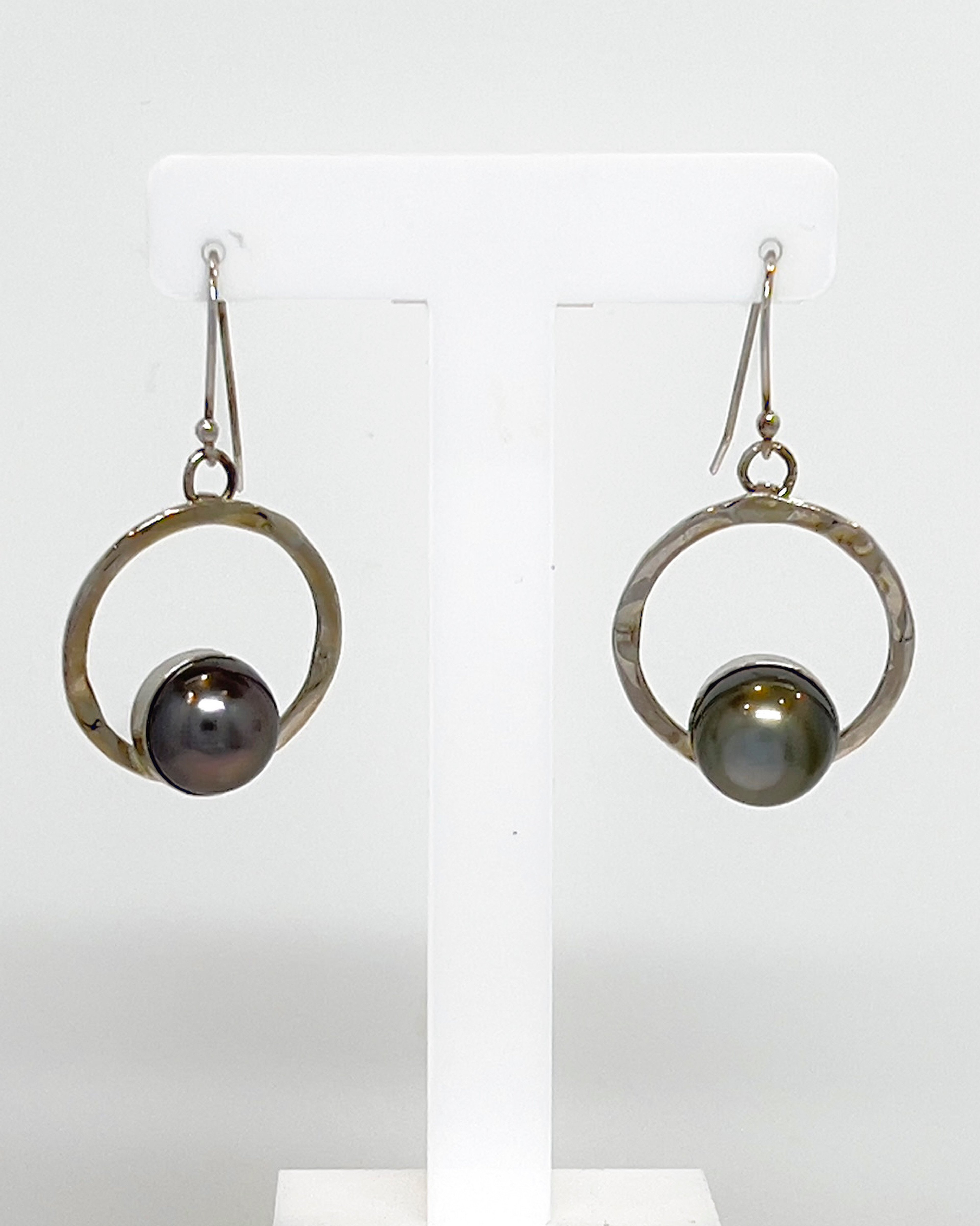 Classic round Tahitian pearl silver loop drop earrings