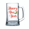 Marry Christmas Happy New Year Beer mug glass with themed Red or Gold decal