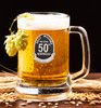18th to 80th Birthday Glass Beer Mug with Black Pewter Badge holds 500ml