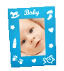 Blue babys photo frame with baby theme imprints holds 4x6 inch picture