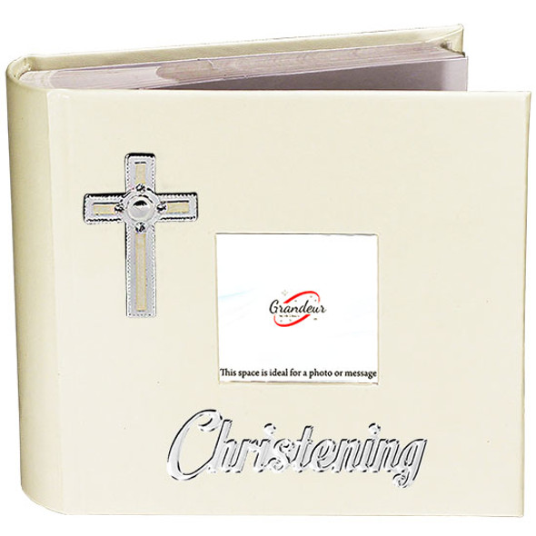 Christening white leather photo album photo space on front cover