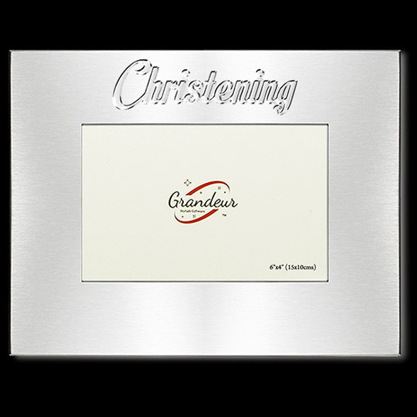 Christening photo frame silver with metal enamel look 4x6 inch picture