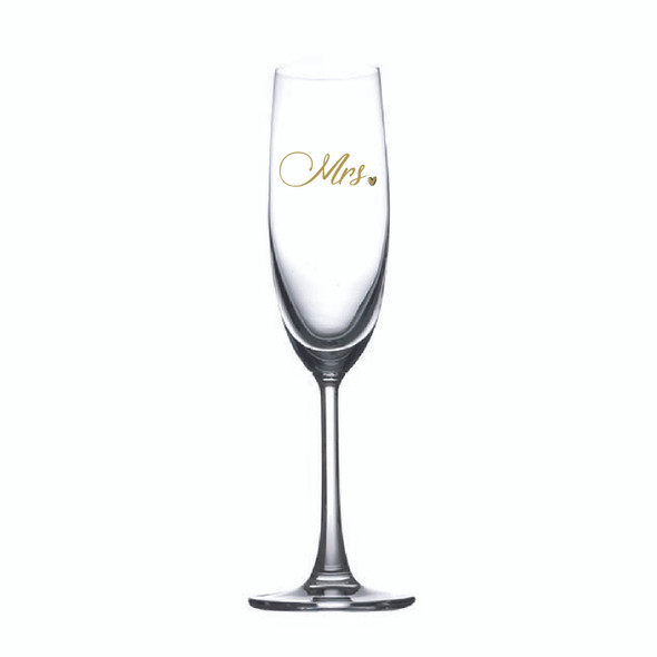 Mr or Mrs Champagne flute single with Mr or Mrs gold or black decal on glass