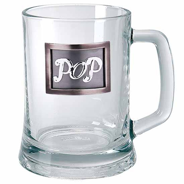 Mum Dad or Pop Glass Beer Mug with Mum Dad or Pop Framed Pewter badge