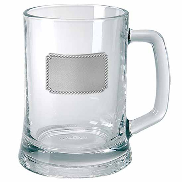 Wedding Glass beer mug with a Engravable Oval or rectangular Pewter Badge